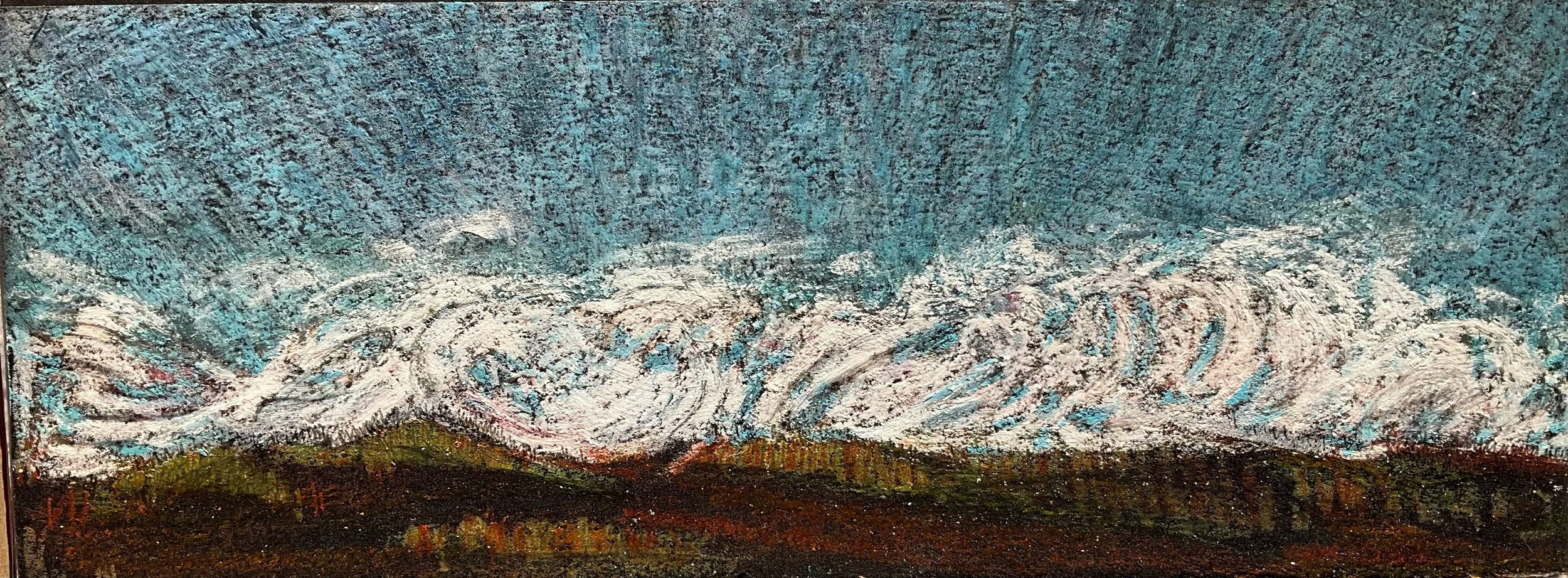 A landscape painting of a mountain range with snow-capped peaks under a blue sky with swirling clouds.