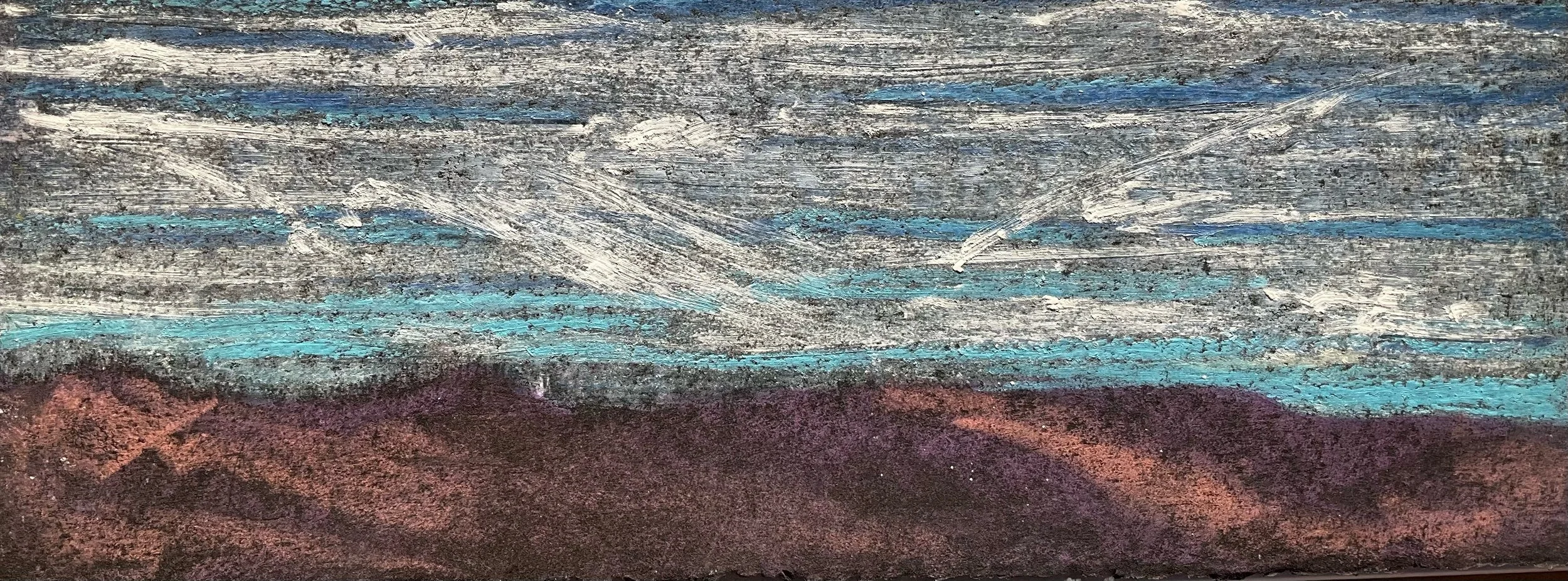 Abstract textured painting with shades of gray, blue, purple, and black.