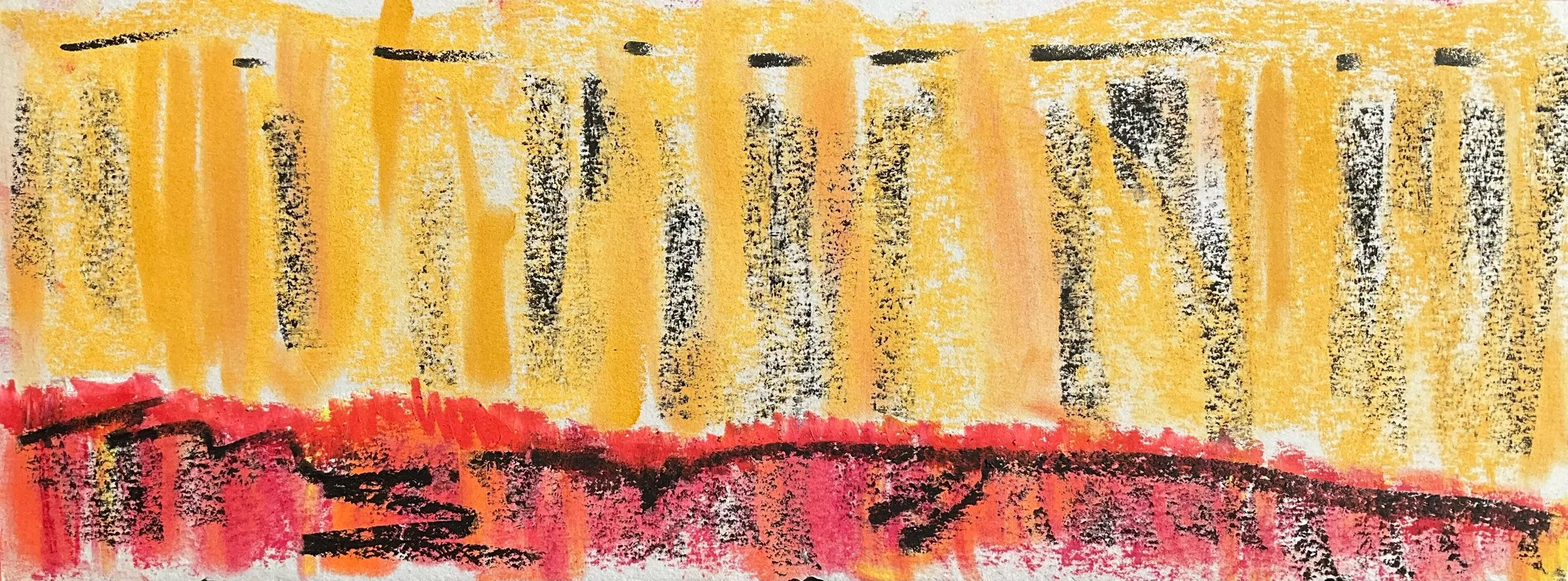 Abstract artwork with vertical yellow and black lines fading into the background, a red and pink area at the bottom with black brushstrokes over it.