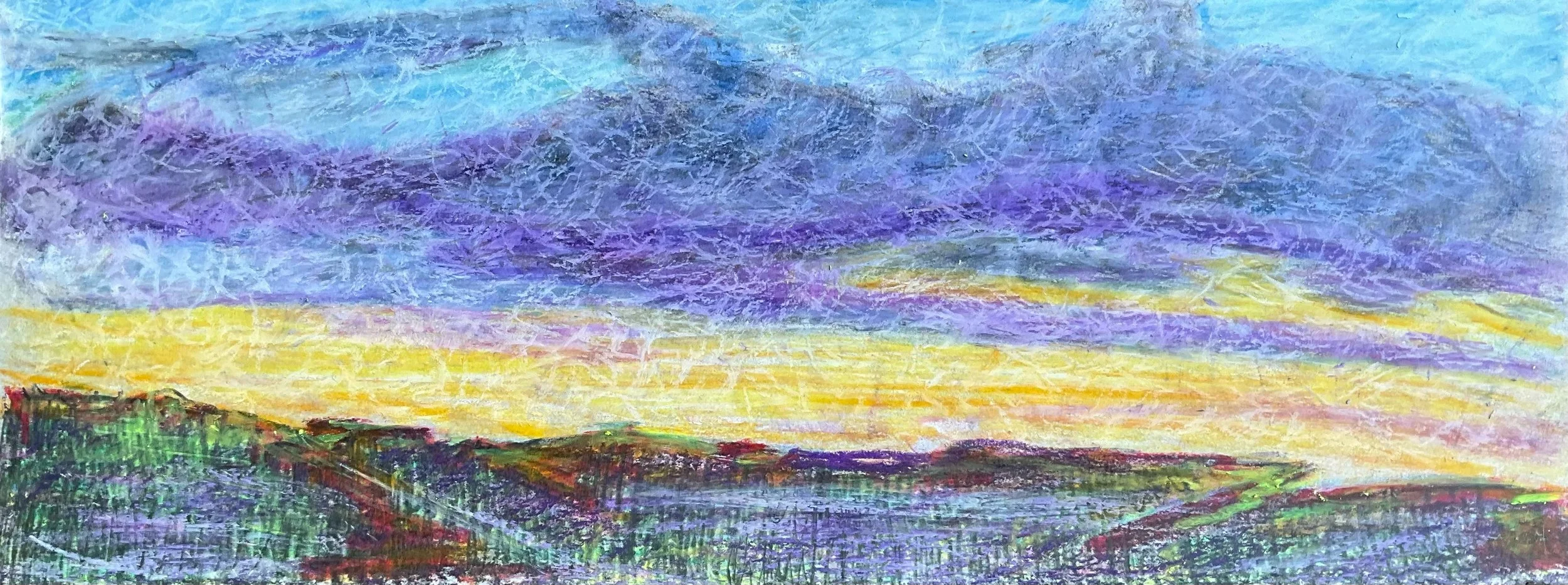 Pastel drawing of a colorful landscape sunset with purple and yellow sky over rolling green hills.
