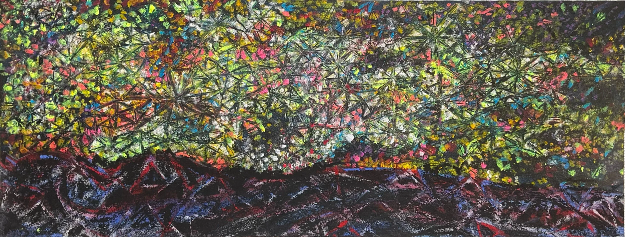 Colorful abstract painting of a garden with various shades of pink, yellow, green, blue, and purple flowers and foliage, with a dark ground in the foreground.