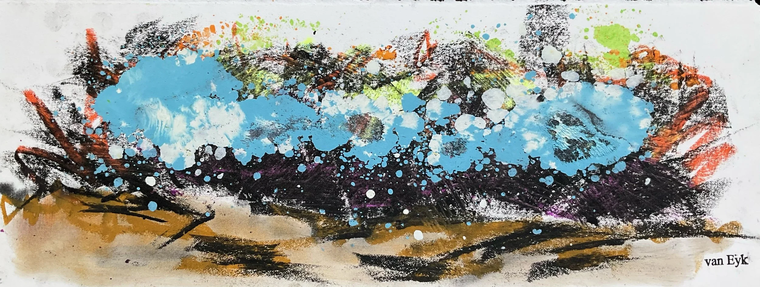 Abstract watercolor painting with blue, black, purple, orange, green, and white splashes and strokes, with the artist's name, van Eyk, in the bottom right corner.
