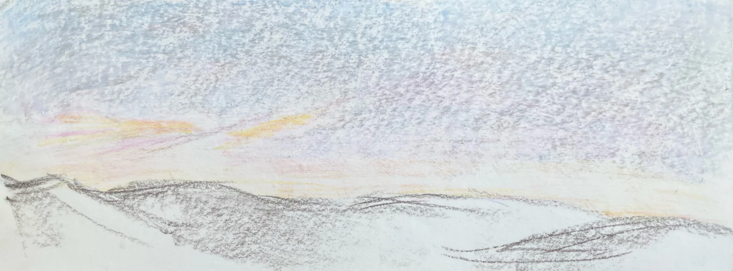 A pastel drawing of a landscape with mountains under a cloudy sky at sunrise or sunset.