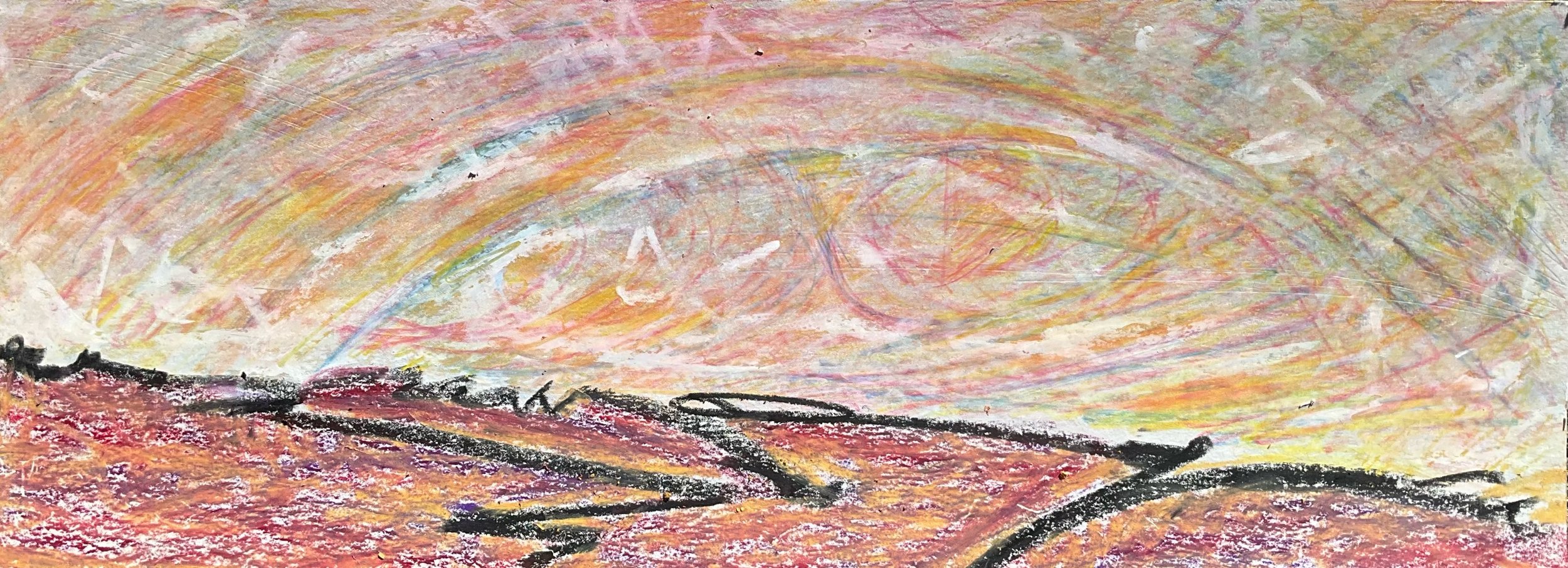 Colorful pastel drawing of a landscape with a sky, rainbow, and rolling hills, created with a variety of bright colors and textured strokes.