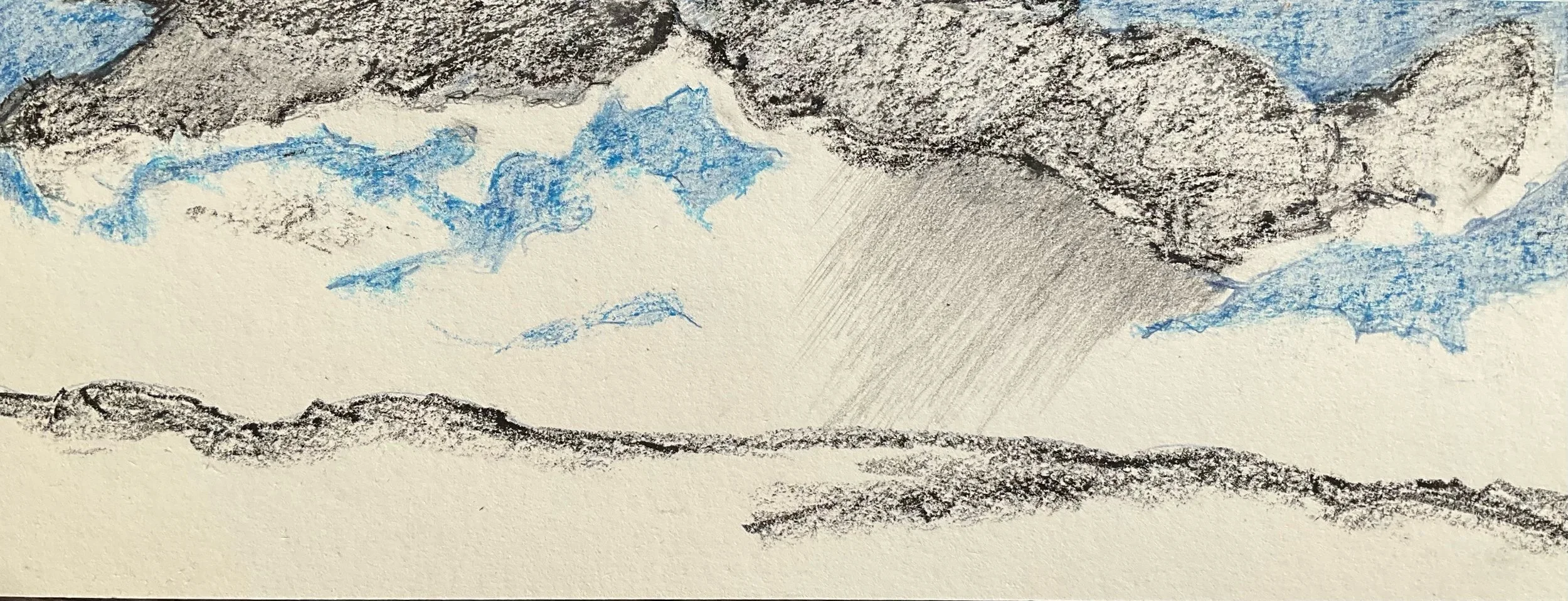 A landscape drawing of mountains with snowcaps, black outlines, and a cloudy sky with shades of blue and black, created with pastels or charcoal.