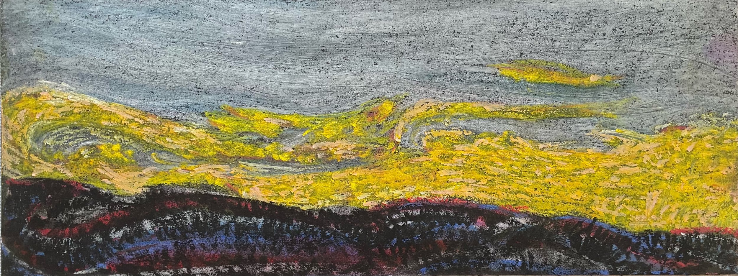 Abstract painting with yellow, green, and pink shapes on a dark background with gray sky.