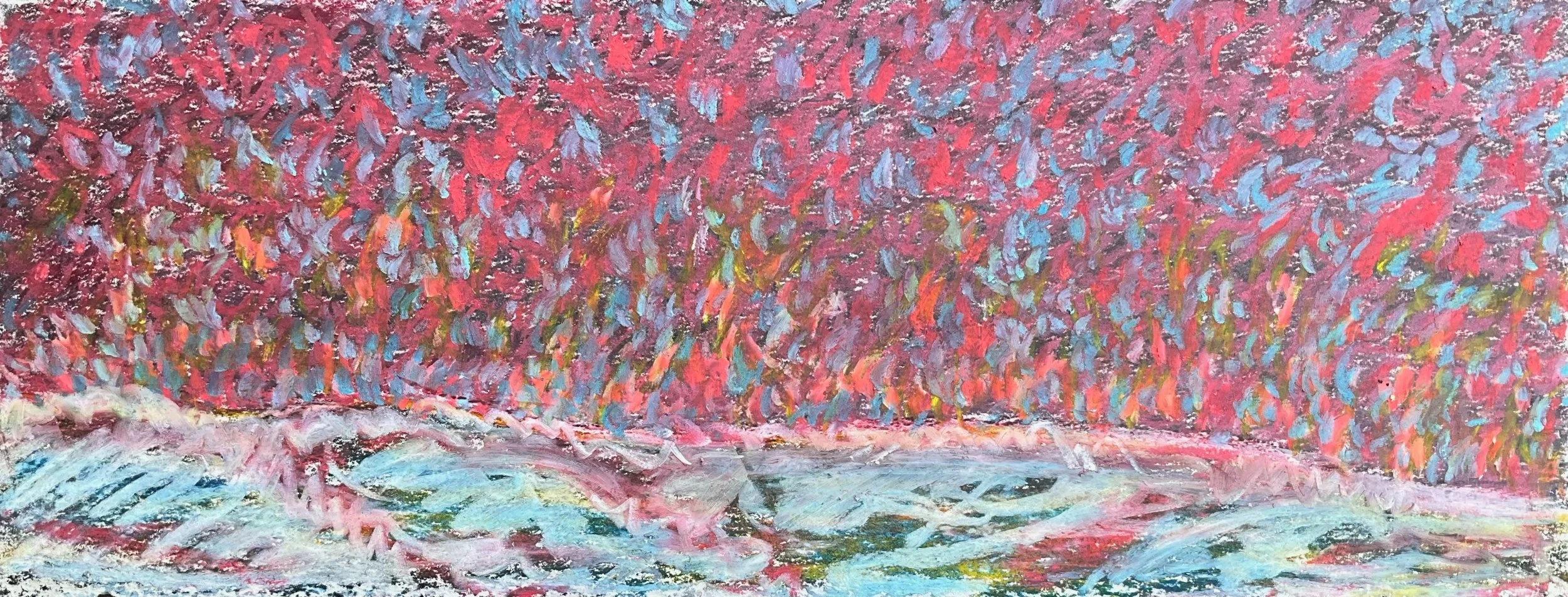 An impressionist painting of a landscape with a pink and purple sky and a pink flowering tree, with a river flowing in foreground.