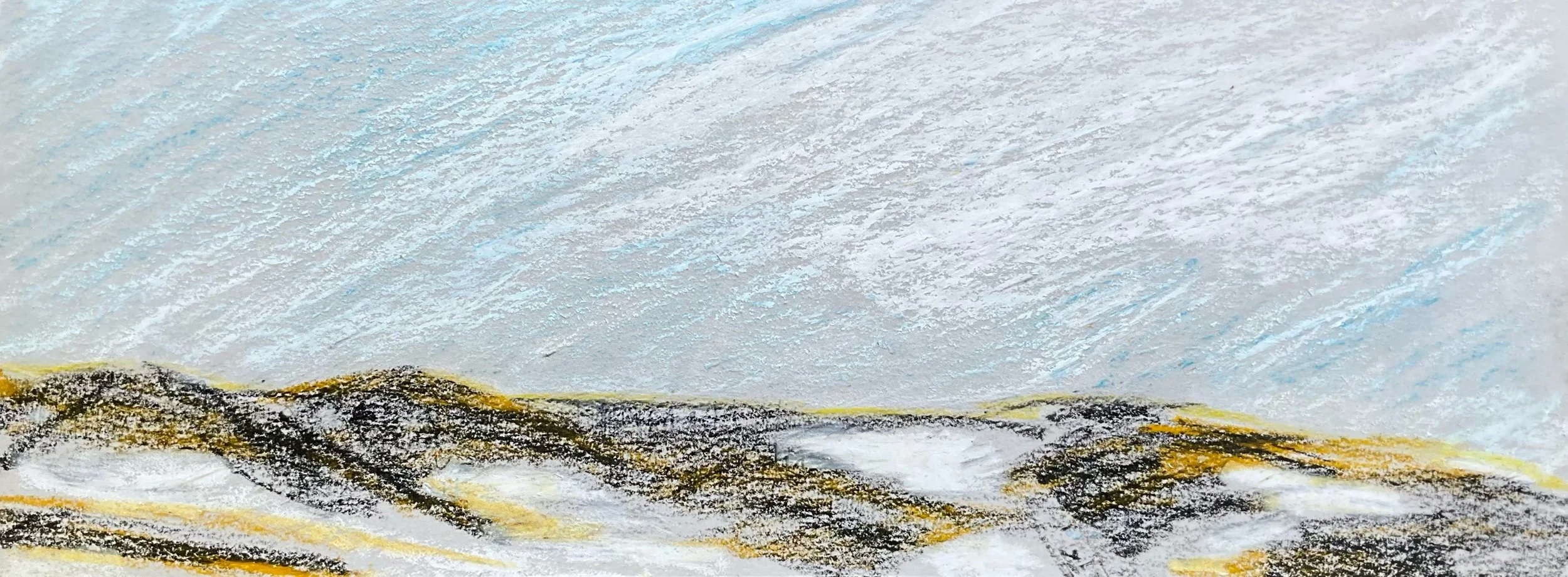 A landscape drawing of a hill or mountain range with a cloudy sky overhead, created with pastel or crayon on paper.