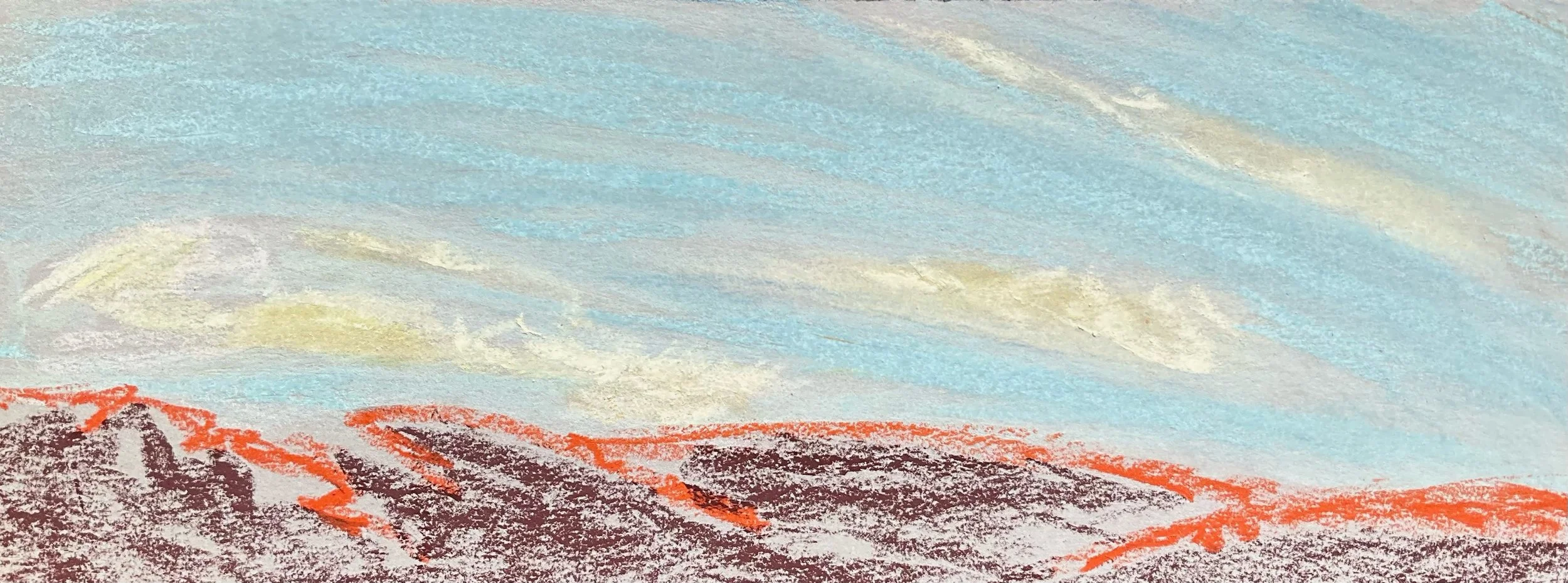 Children's crayon drawing of a landscape with light sky above reddish-brown mountains outlined in orange.