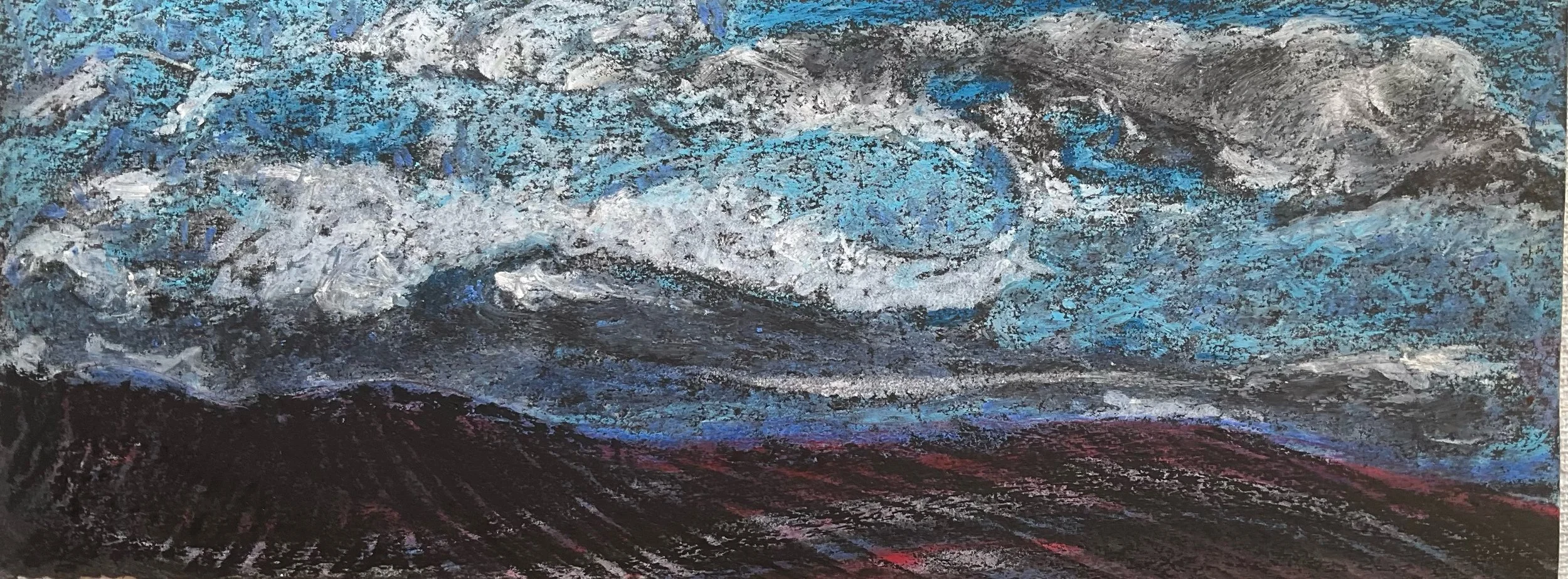 A textured painting of a turbulent ocean with large blue and white waves crashing over dark red and black rocks under a stormy sky.