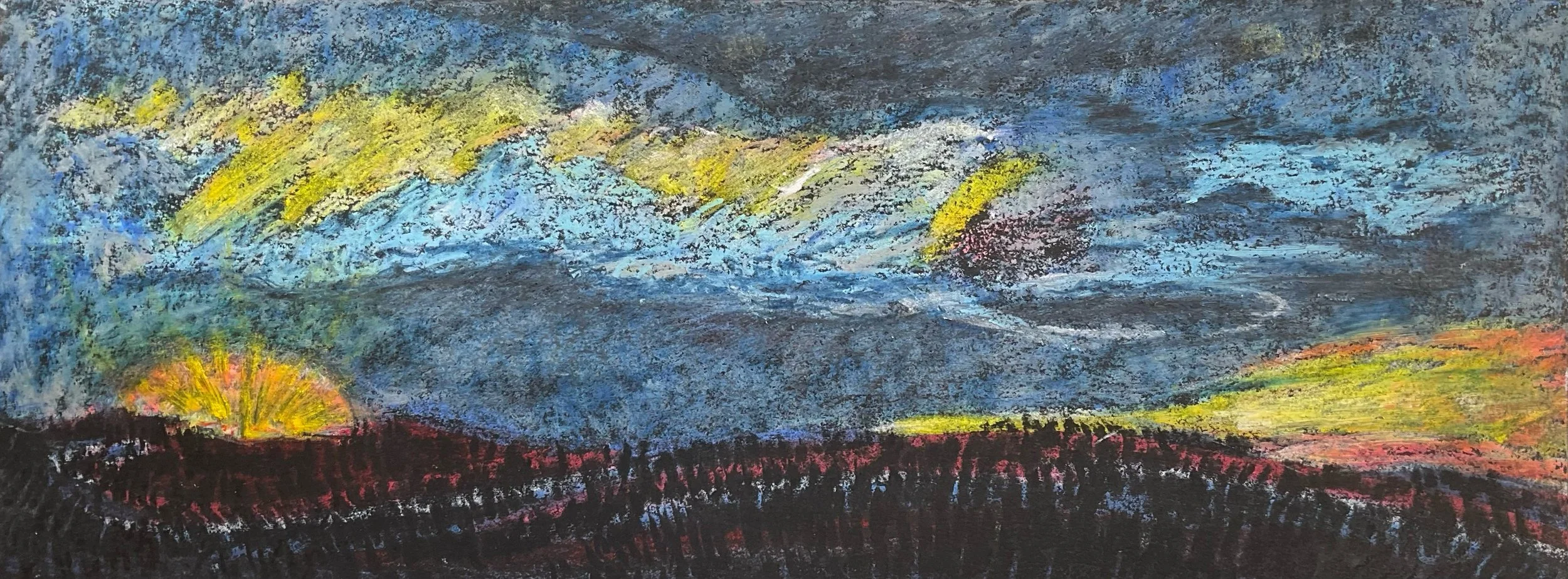 Colorful landscape scene with a dark foreground and a bright sunrise or sunset, with clouds in the sky painted in vibrant colors.