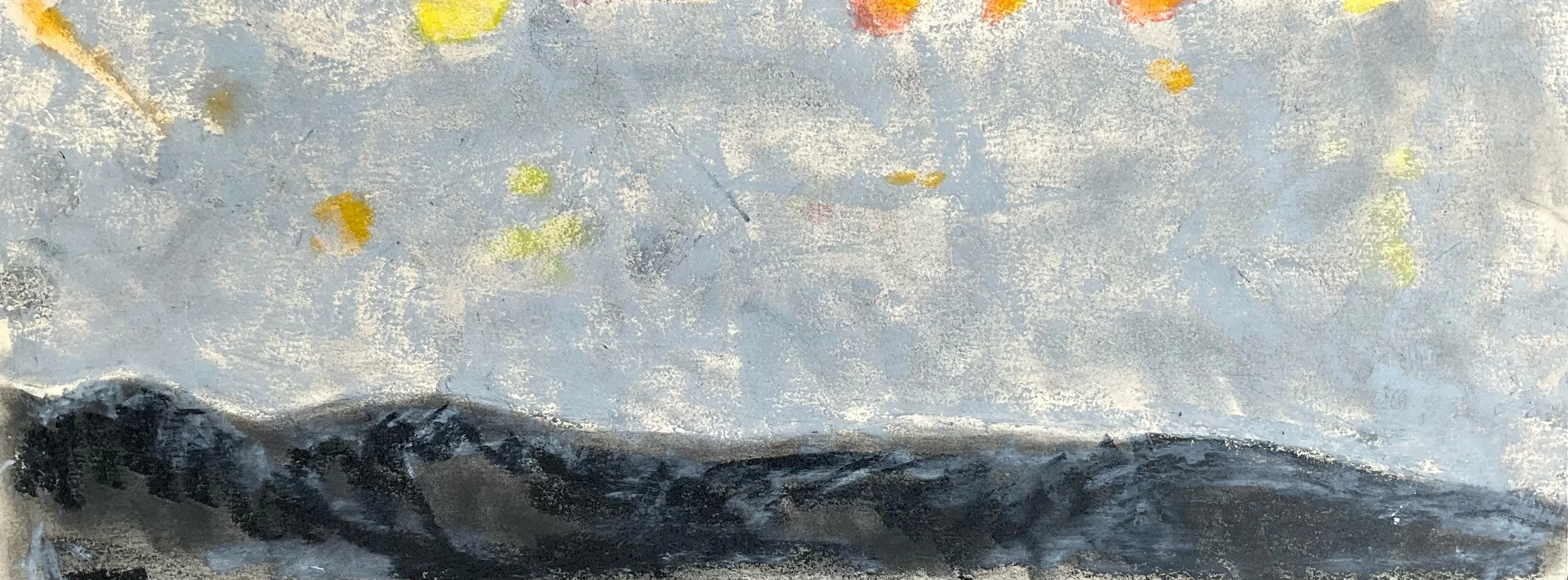 Close-up photo of a painted surface, featuring a mountain-like shape at the bottom and a textured, cloudy sky above with small patches of yellow and orange.