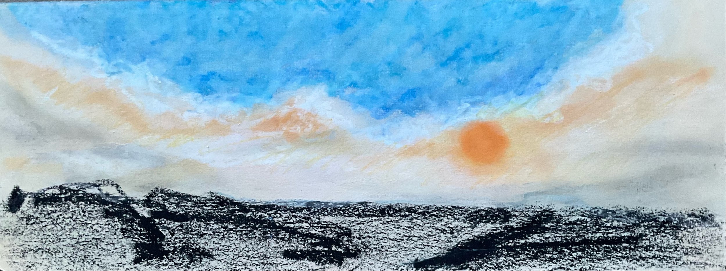 A watercolor painting of a sunrise or sunset over a dark landscape with a blue sky and an orange sun.