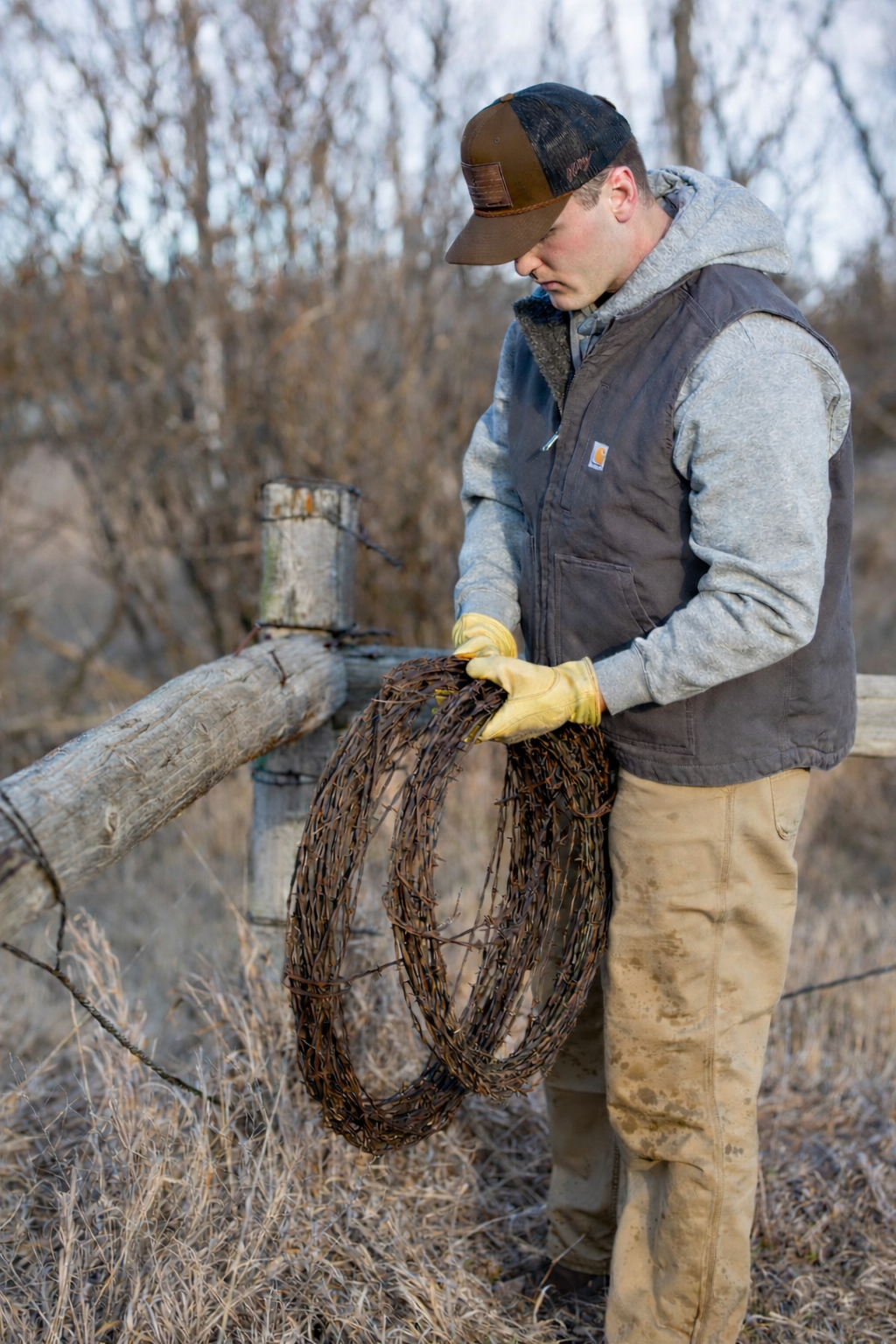 A man wearing a Carhartt vest, gray hoodie, and beige pants with mud stains, standing outdoors in a rural area with leafless trees, working with a coil of barbed wire near a wooden fence.