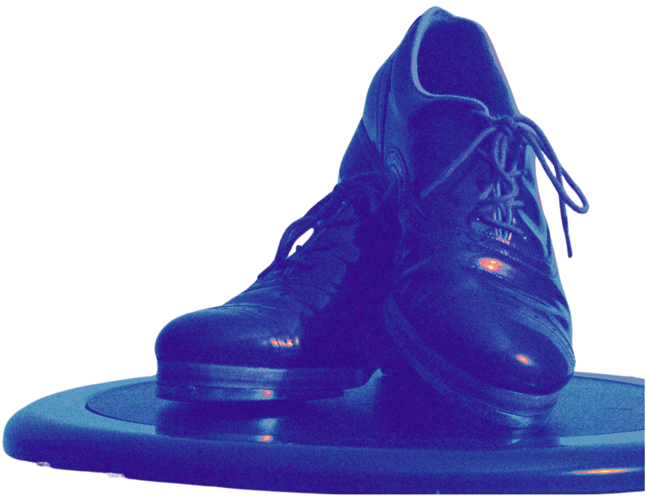 A pair of sneakers displayed on a round platform, shown in a stylized, neon-like blue and orange color scheme.