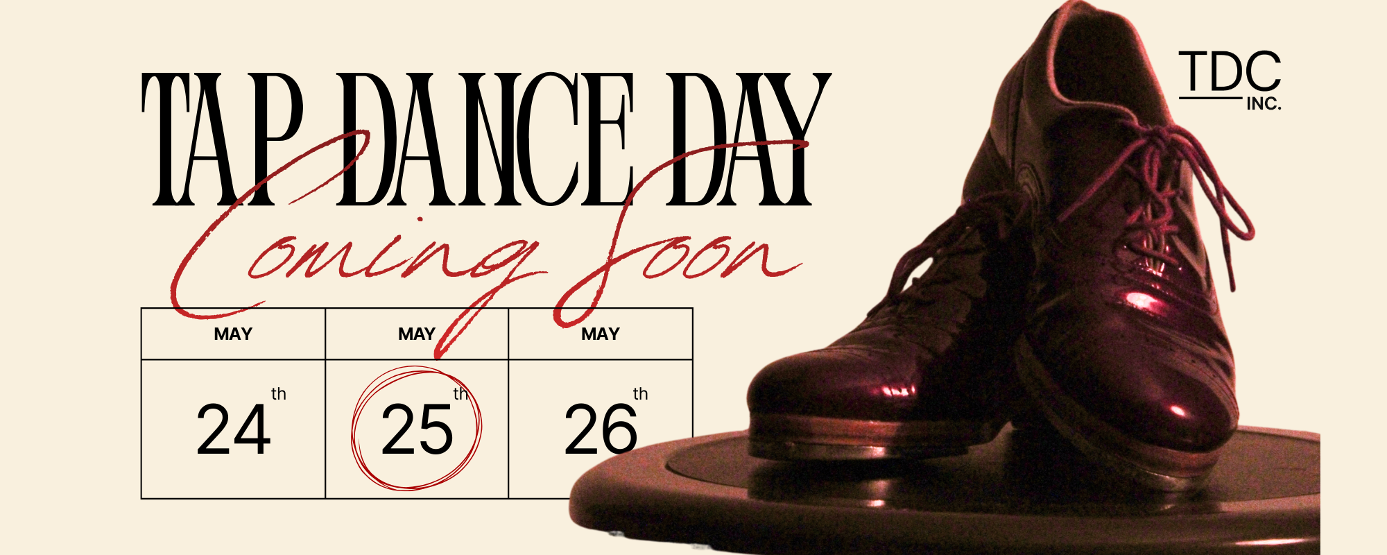 Black tap dance shoes on a platform for Tap Dance Day coming soon in May.