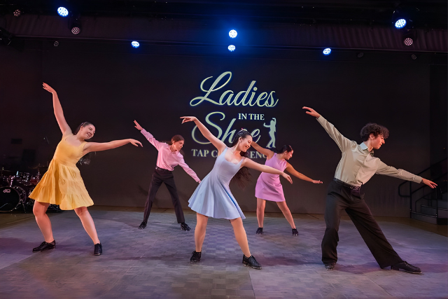 Five dancers performing on stage in front of a sign that reads 'Ladies in the Show.' They are wearing colorful costumes and are in mid-dance poses.