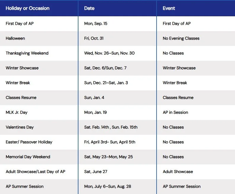 School calendar chart listing holidays, dates, and events for the academic year.