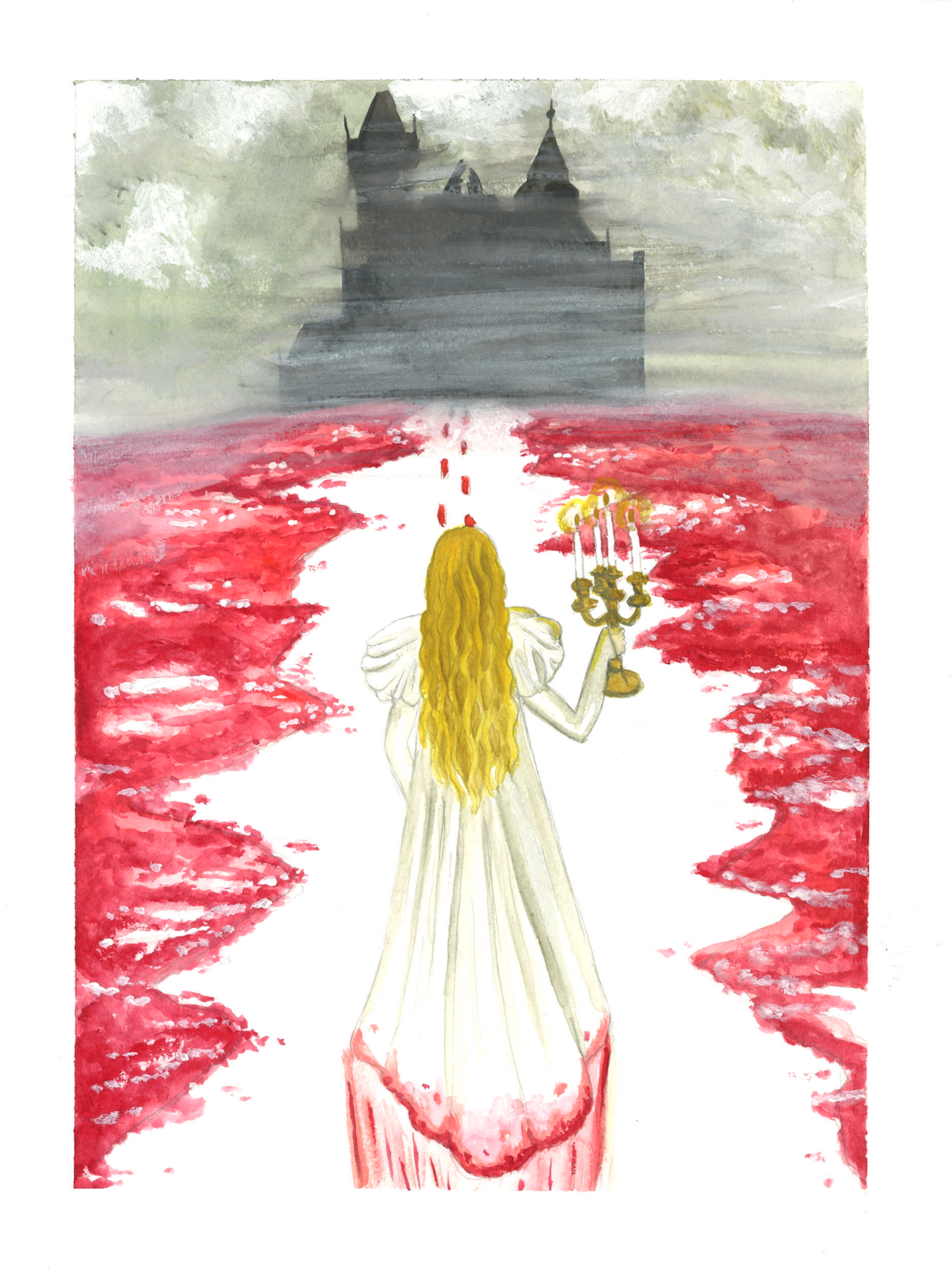 A girl with long yellow hair in a white dress walking on a blood-red path towards a dark, ominous castle in the distance, holding a candelabrum. The scene has a spooky, fairy tale atmosphere.