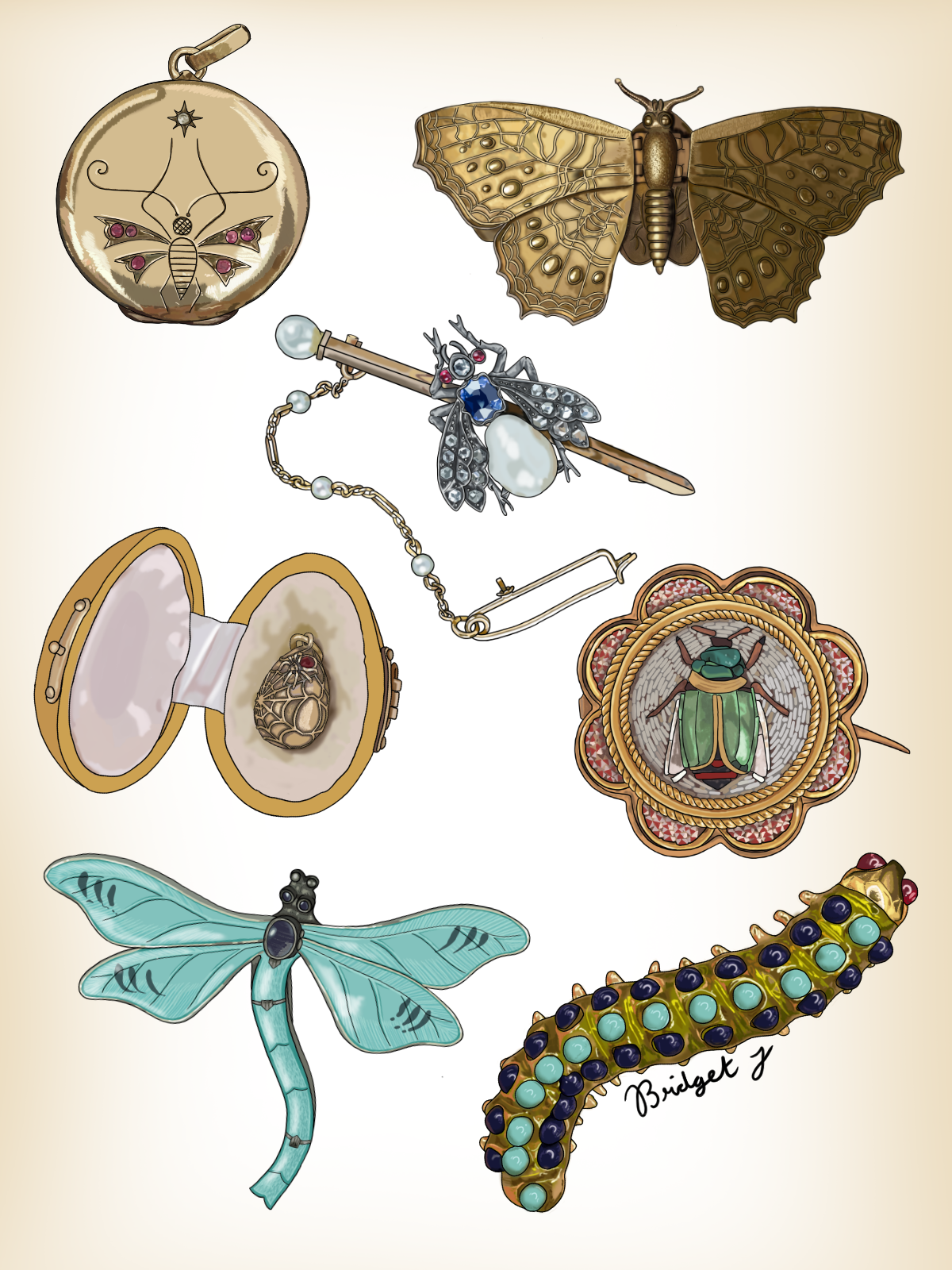 Collection of jewelry and insects, including a gold insect pendant, a butterfly, a dragonfly, a ladybug brooch, a moth, an ornate pin with an insect, a ring with a butterfly, and a caterpillar with labeled signature.