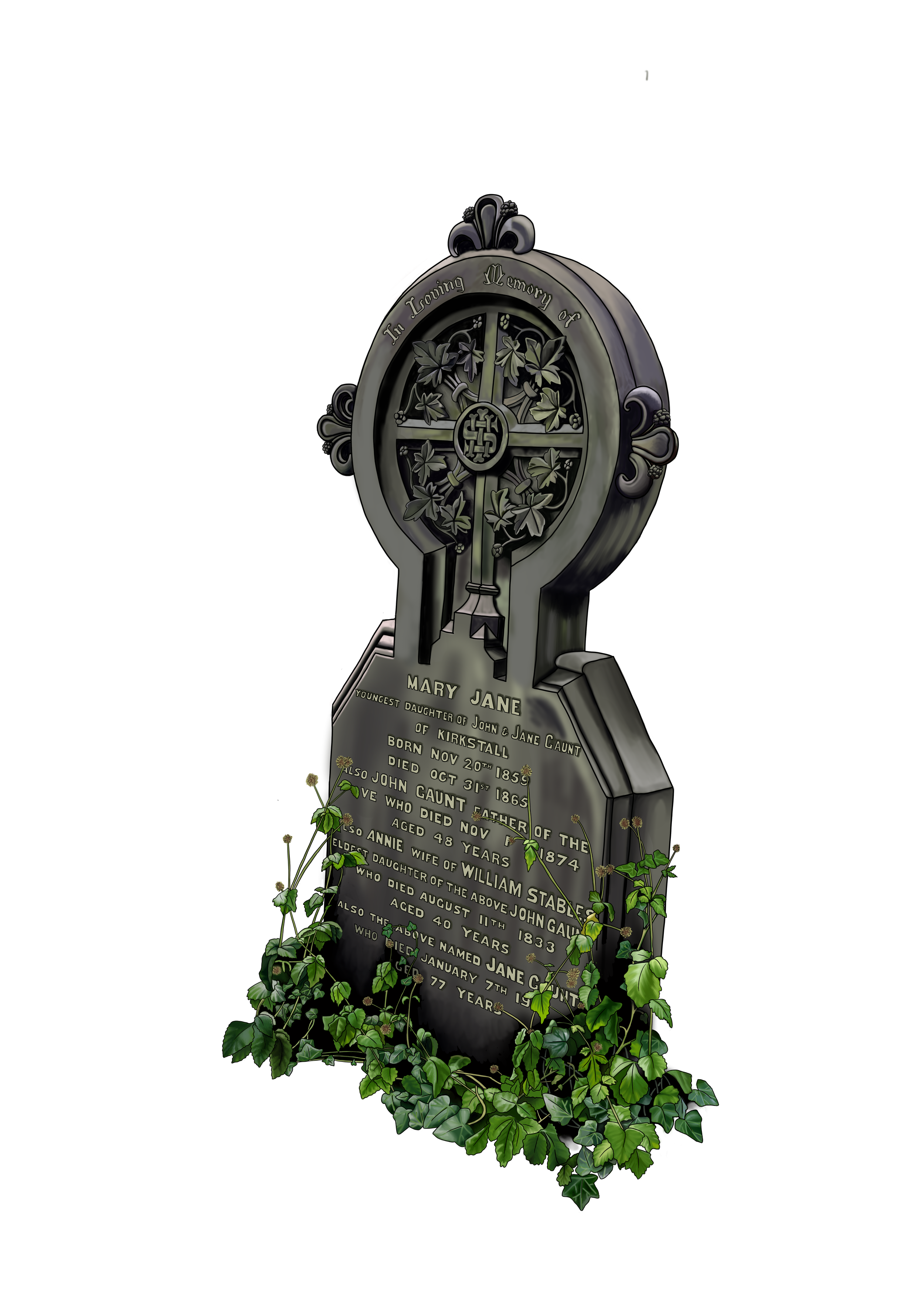 A gravestone with intricate carvings and an inscription, surrounded by ivy.