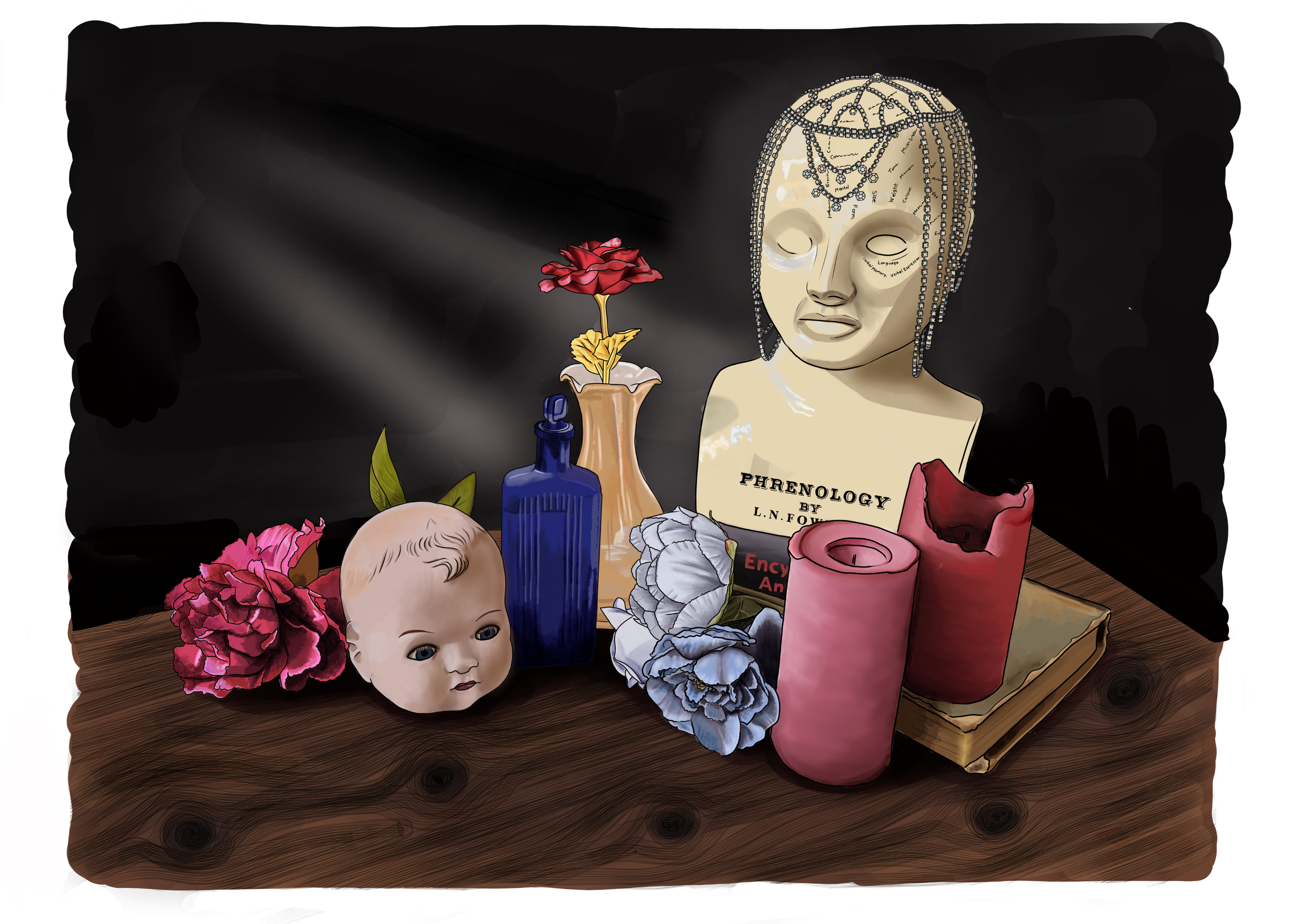 A still life composition on a wooden table features a baby doll head with pink flowers, a blue glass bottle with a daffodil, a book titled "Phrenology by L.N. Fowler," a human skull bust adorned with a pearl necklace, an open book, a white flower, a 