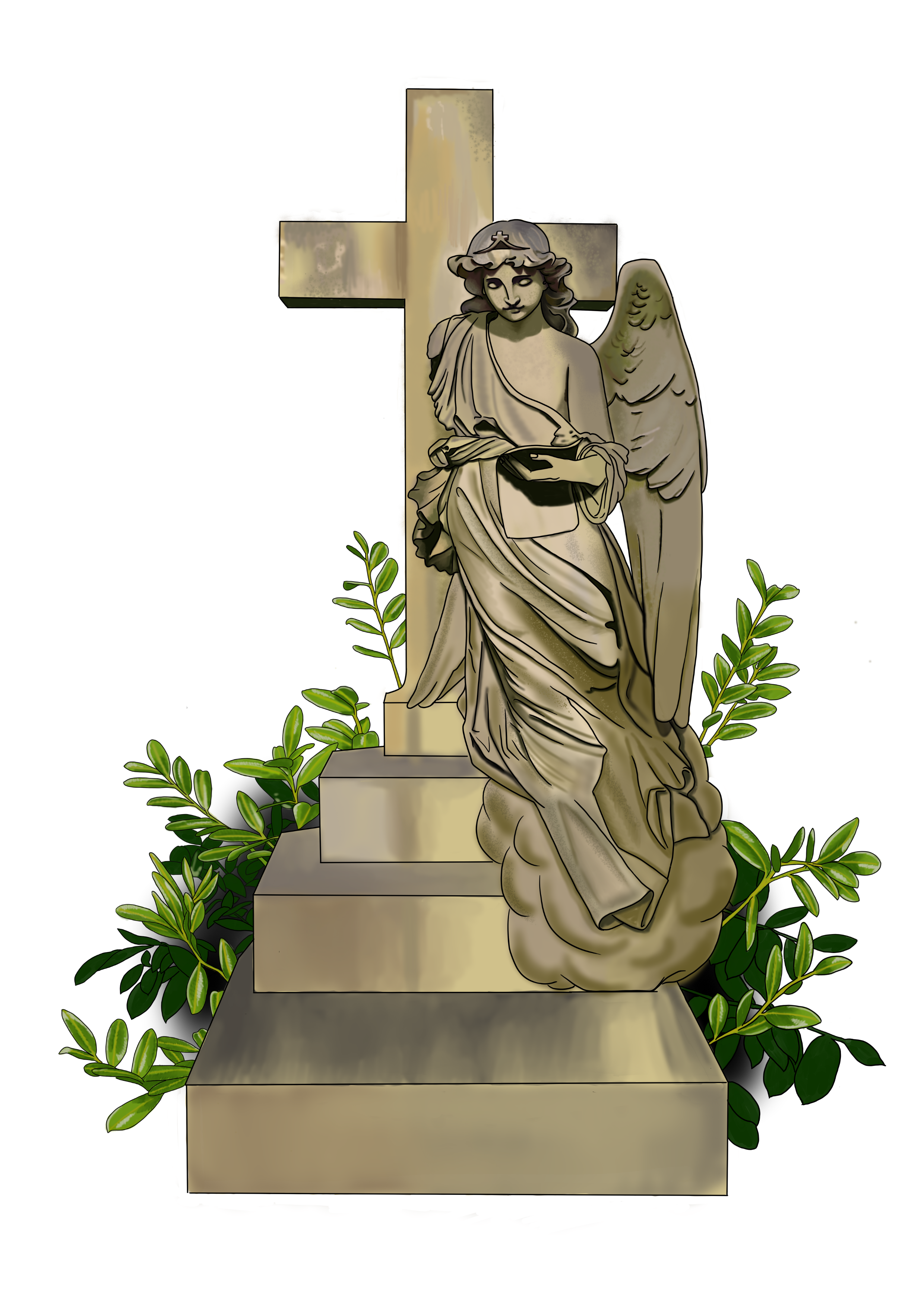 A stone statue of an angel with wings, holding a book, standing in front of a cross, surrounded by green plants.