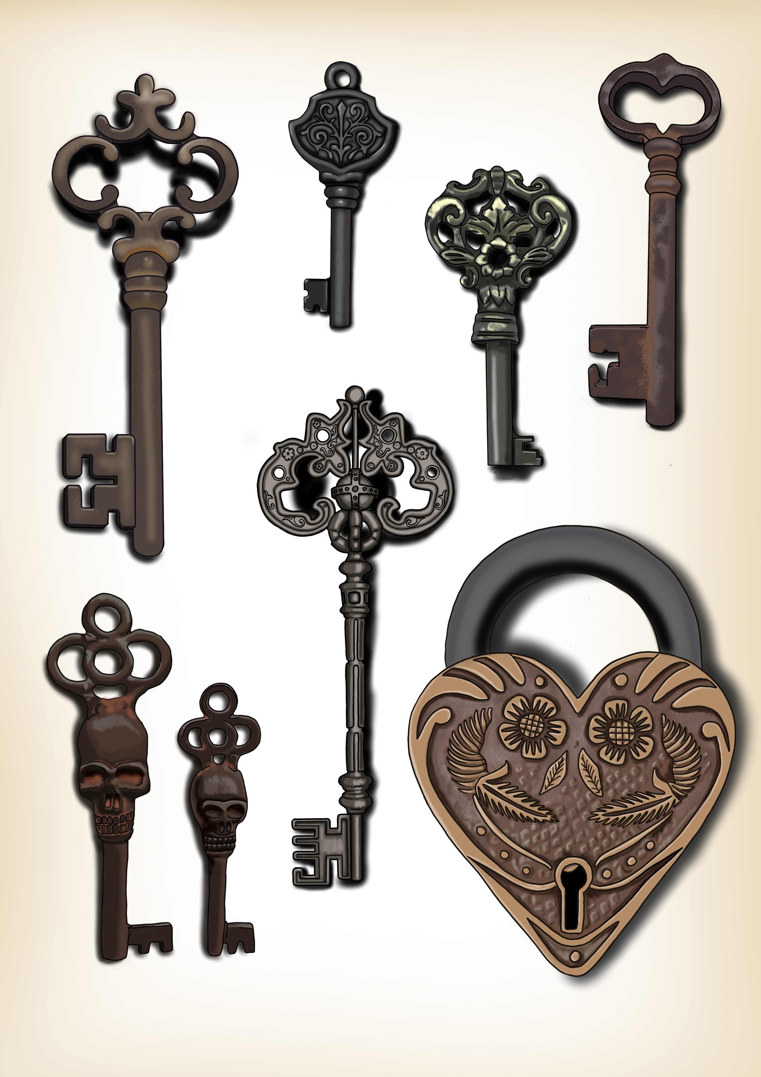 A collection of nine vintage skeleton and heart-shaped padlock keys, with some keys shaped like skulls and featuring ornate designs.