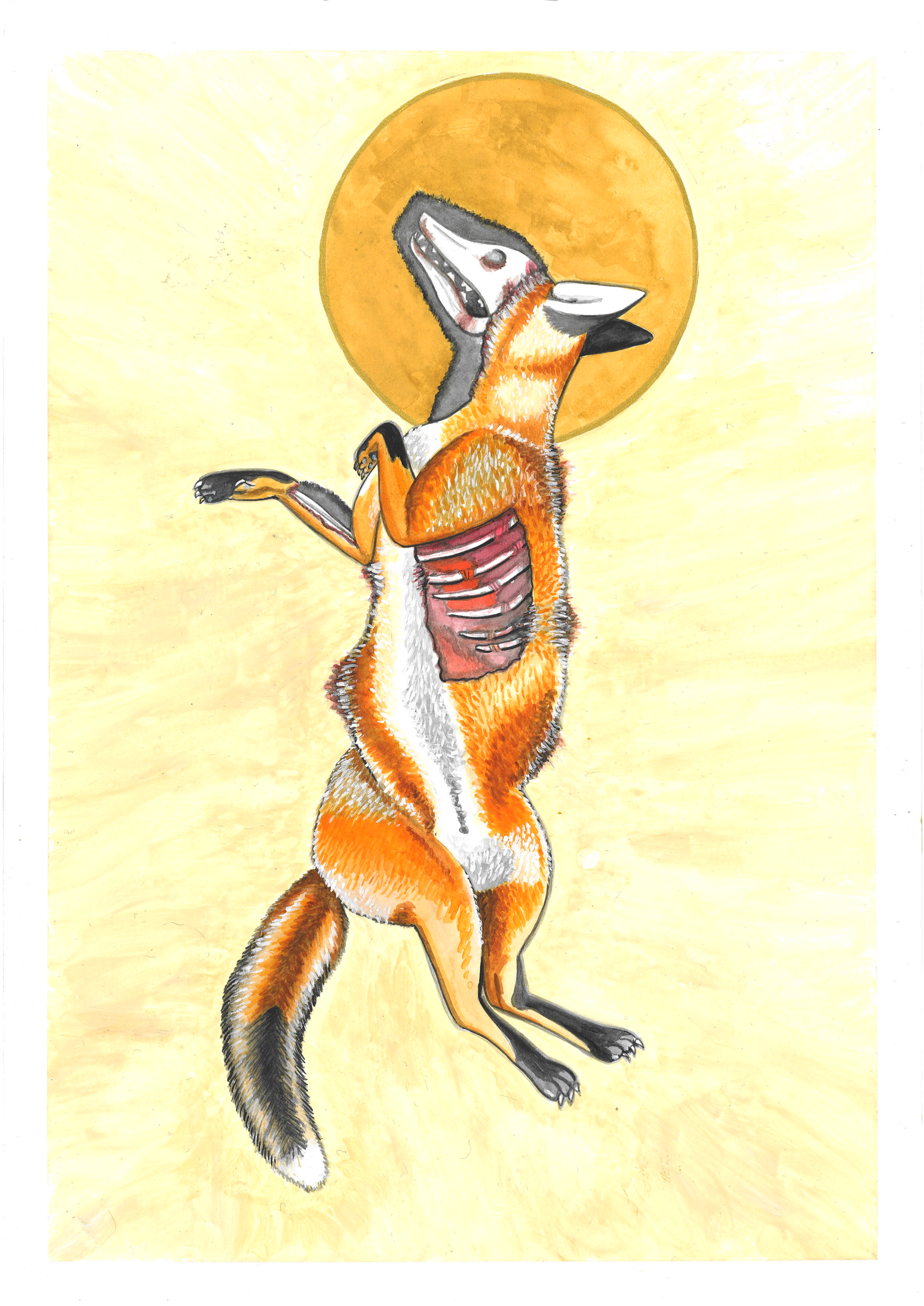 An artistic illustration of a hybrid creature with the body of a fox, the ribs exposed, and a wolf's head. The creature stands on its hind legs against a yellow background with an orange circle resembling a sun or moon.