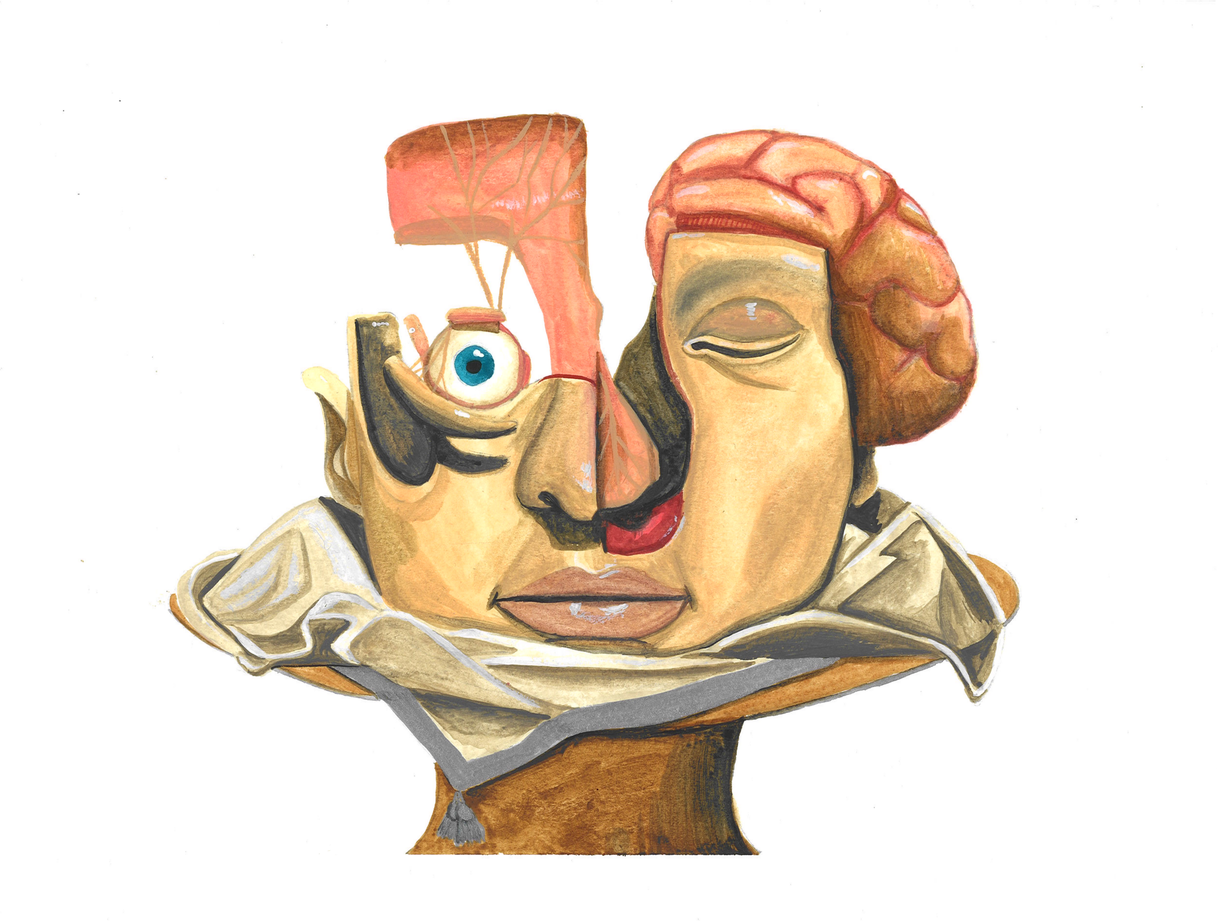 A surreal illustration of a human face with a brain on the right side, a large eye on the left side, and a nose and mouth in the center. The face is resting on a cloth-covered platform.