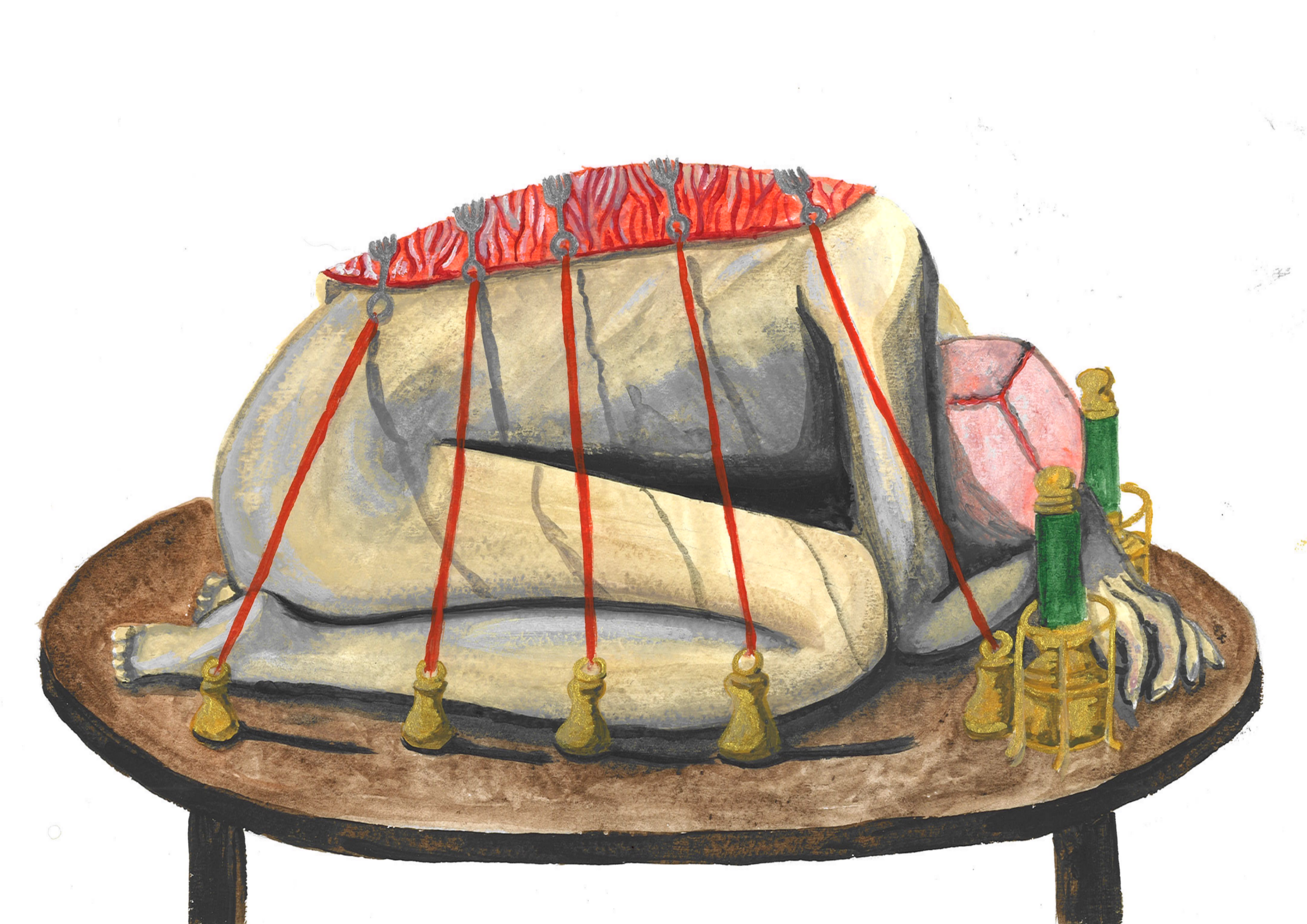A watercolor painting of a human skeleton lying on a wooden table, partially draped with a red cloth, with candles and decorative objects surrounding it.