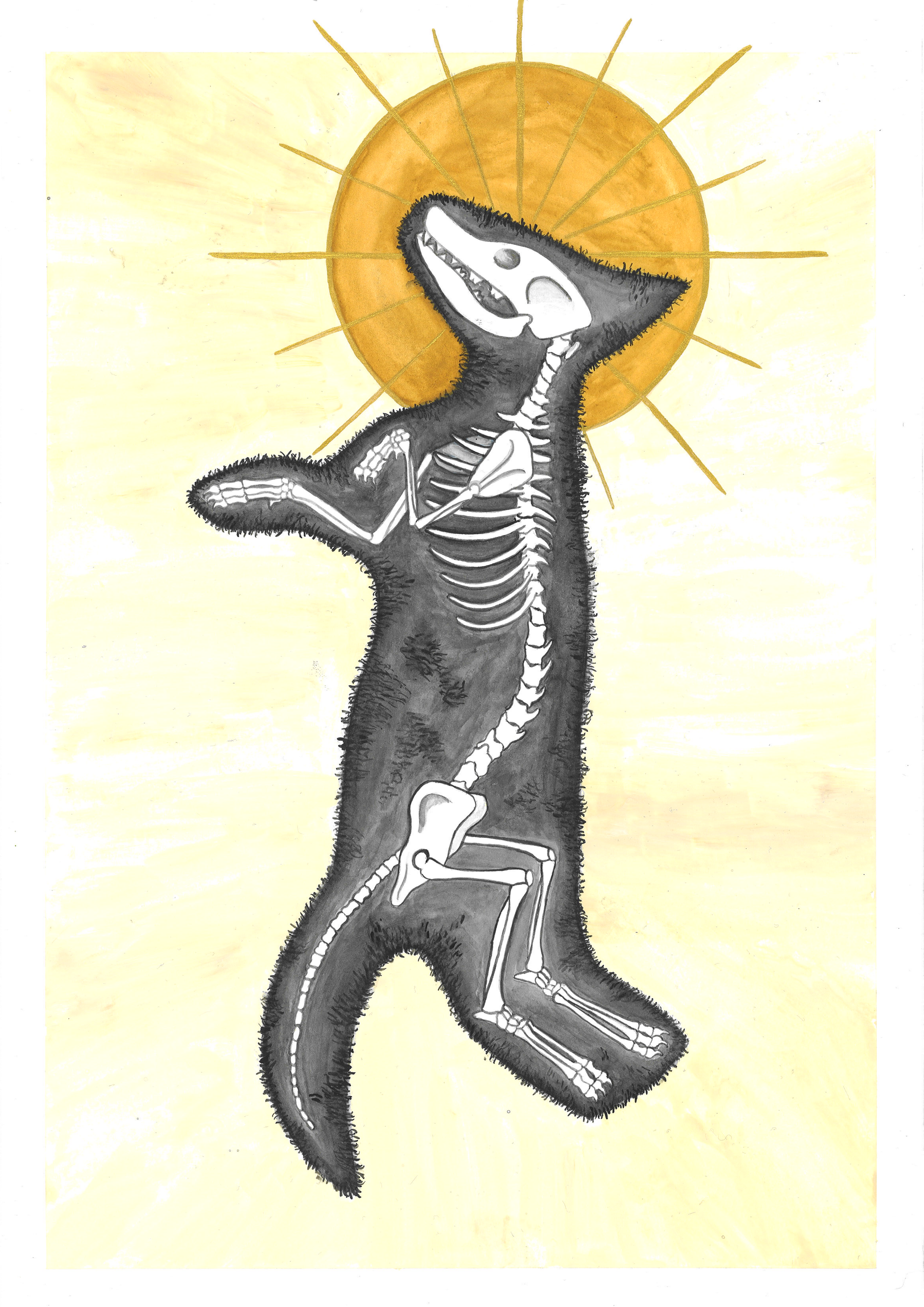 A cartoon-like drawing of a smiling, anthropomorphic squirrel with a visible skeleton, standing with a sunny yellow background and a large sun behind its head.