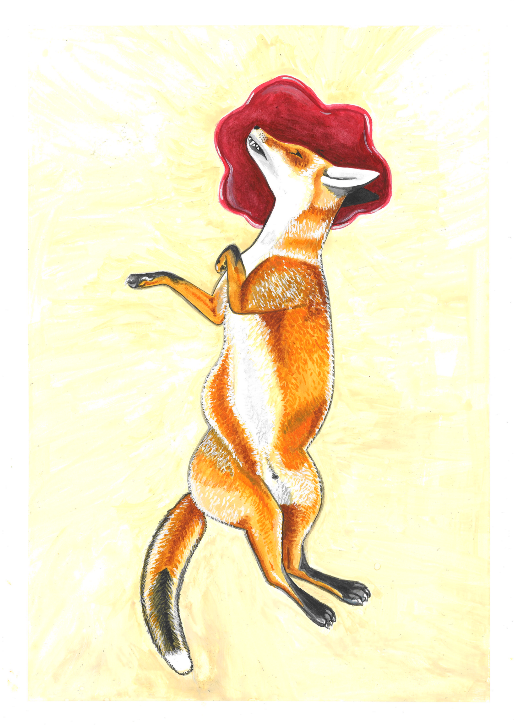 A cartoon fox with a red wig, standing on its hind legs, against a light yellow background.