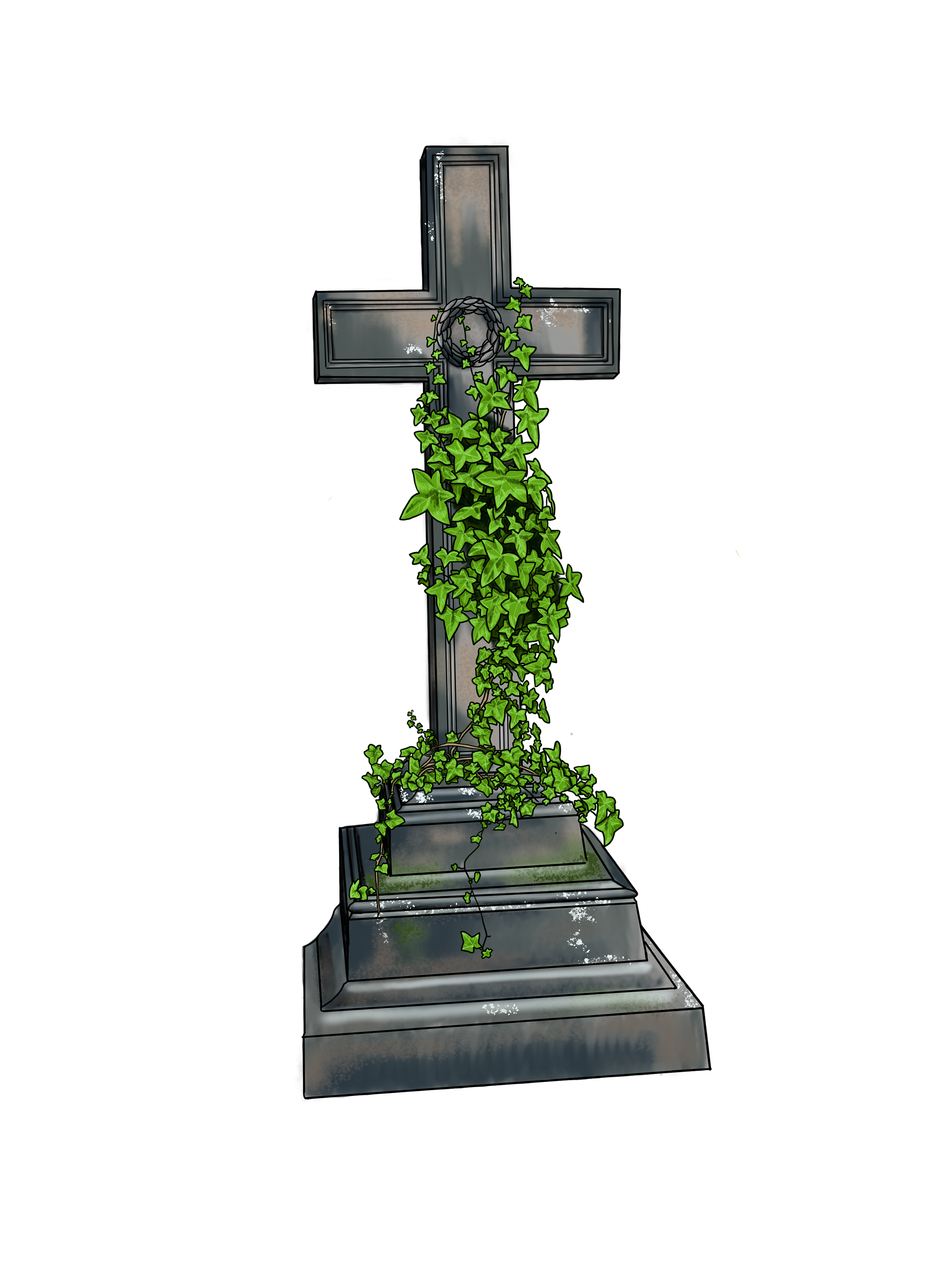 A gray stone cross tombstone with green ivy growing over it, on a stepped base.