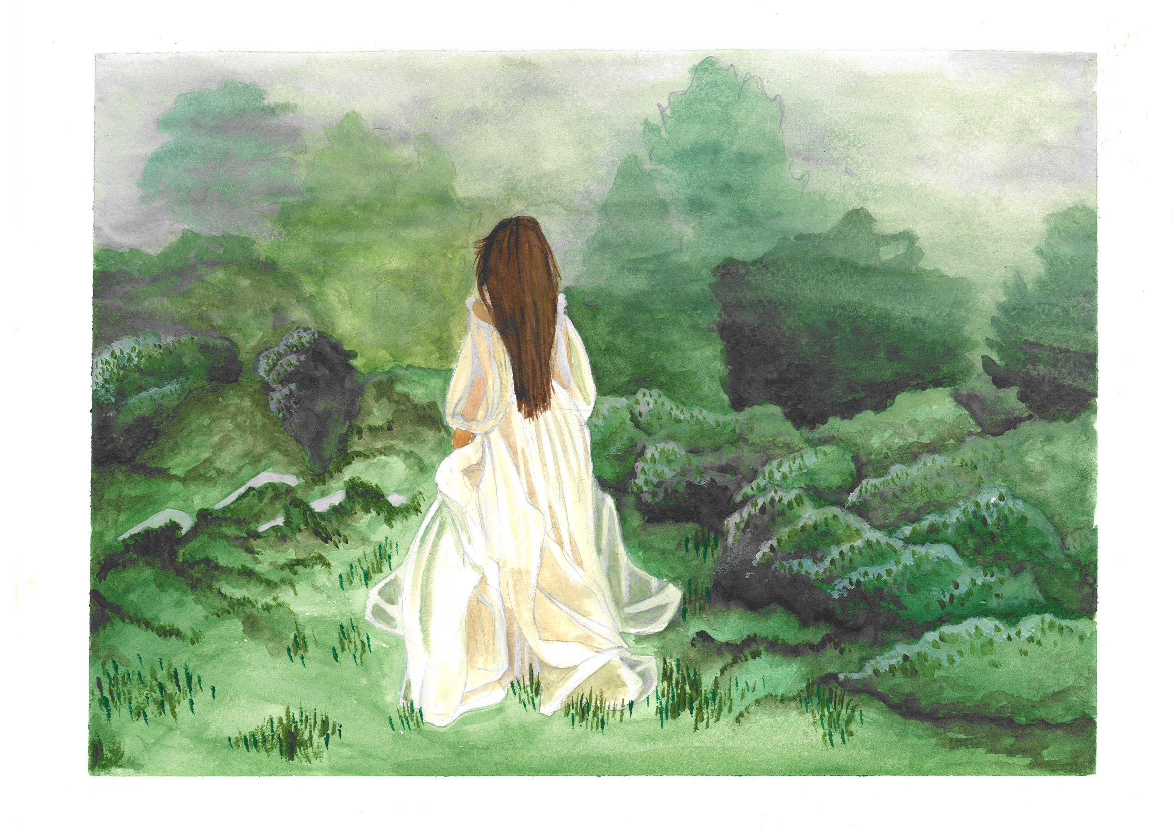 Watercolor painting of a woman with long brown hair in a flowing white dress standing in a lush green landscape with trees and bushes.