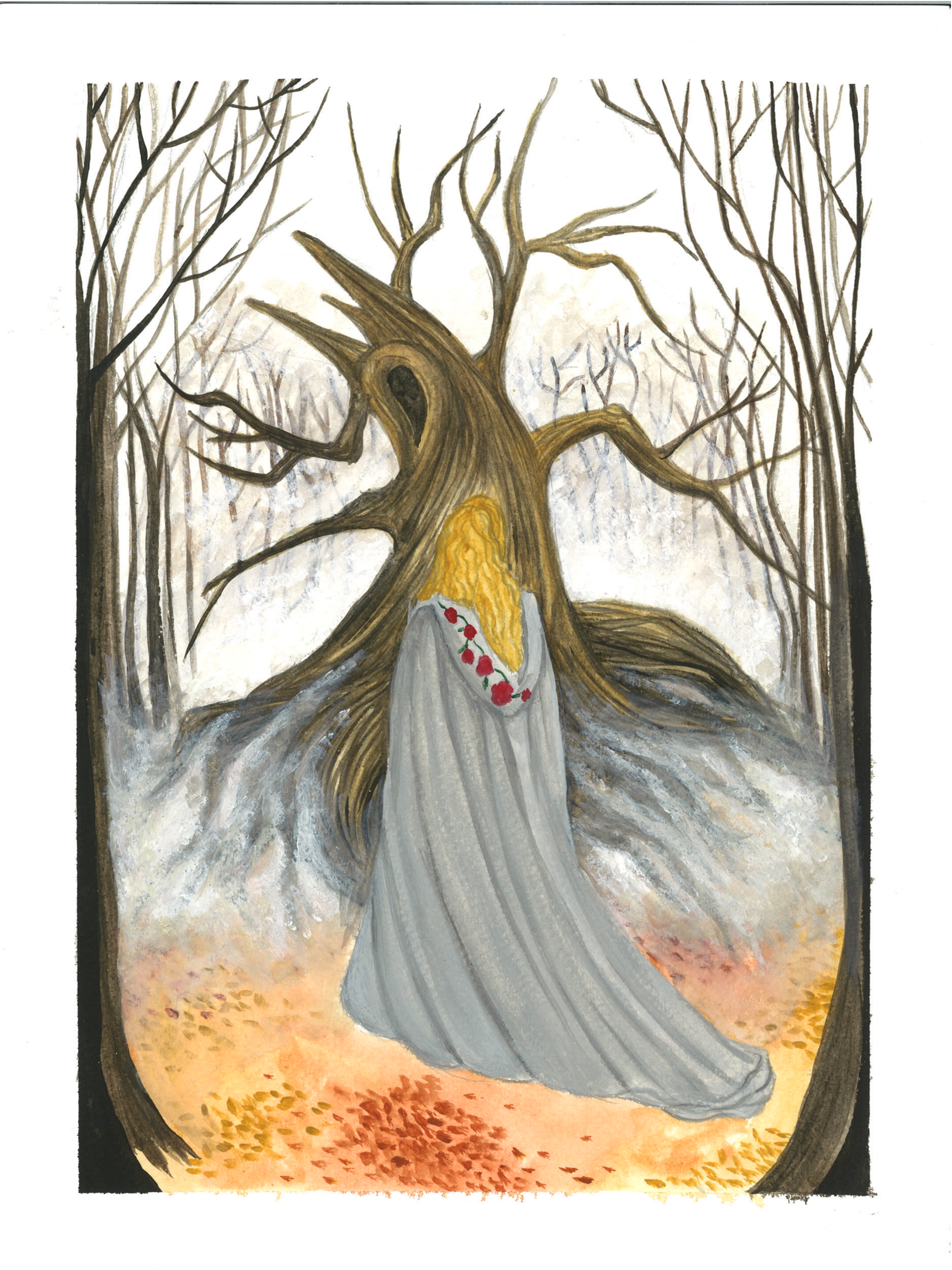 A person with long blonde hair in a gray dress, standing in front of a large, leafless tree in a winter landscape, with a forest background.