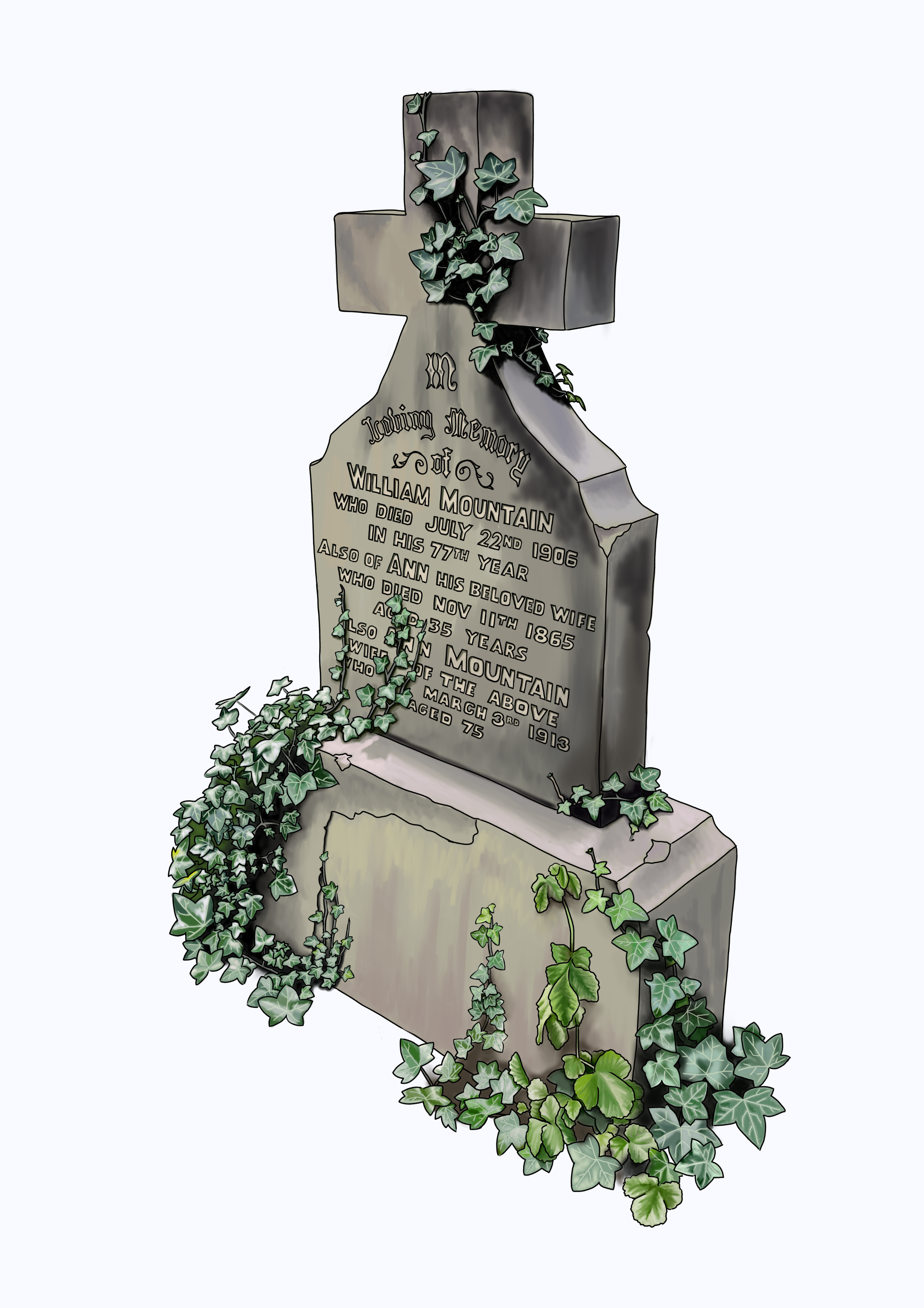 A carved stone grave marker with ivy growing around it. The inscription honors William Mountain and his wife, with details of their deaths and ages.