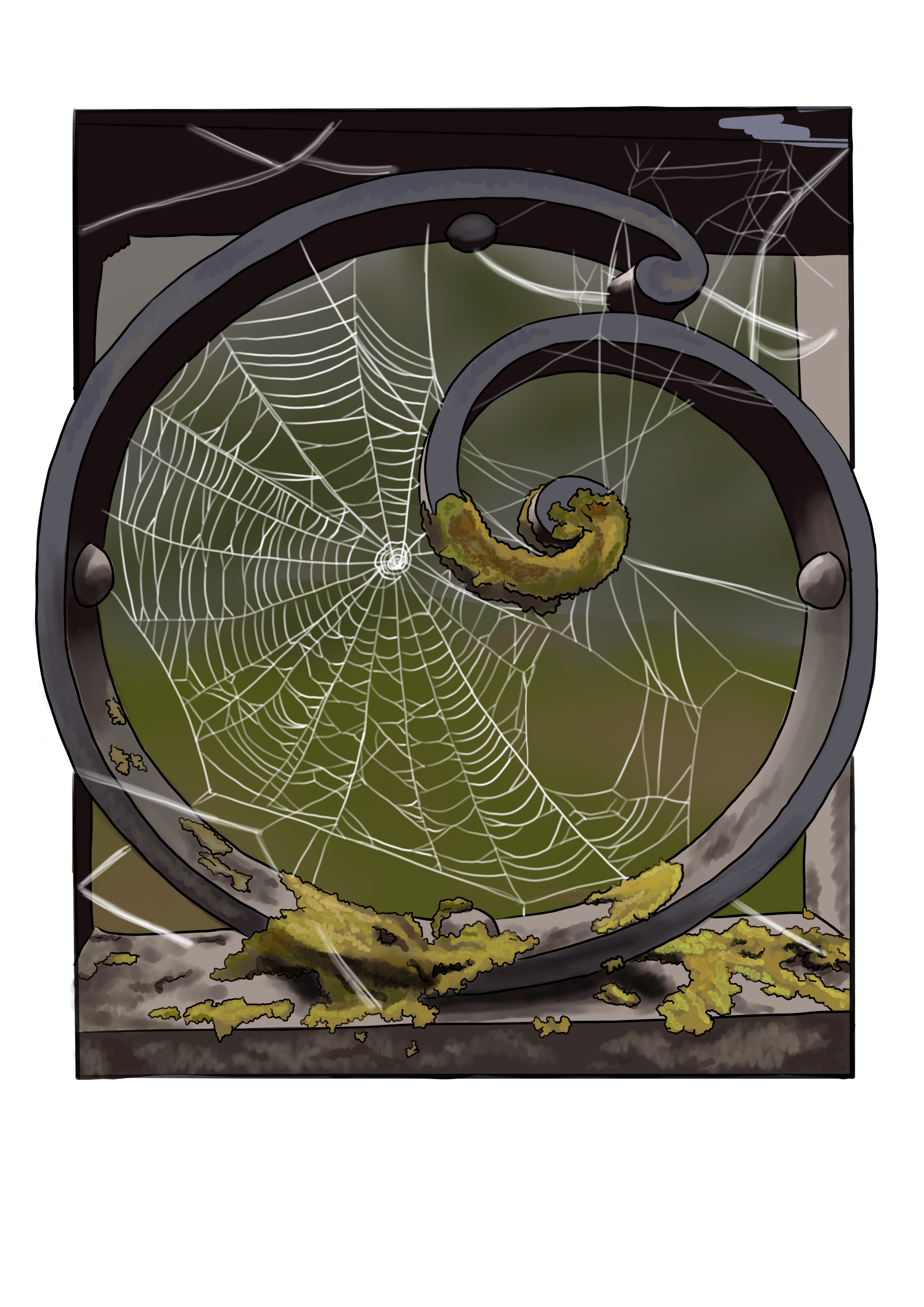 A rusted, ornate metal window with spider webs, moss, and dirt accumulated around the frame.