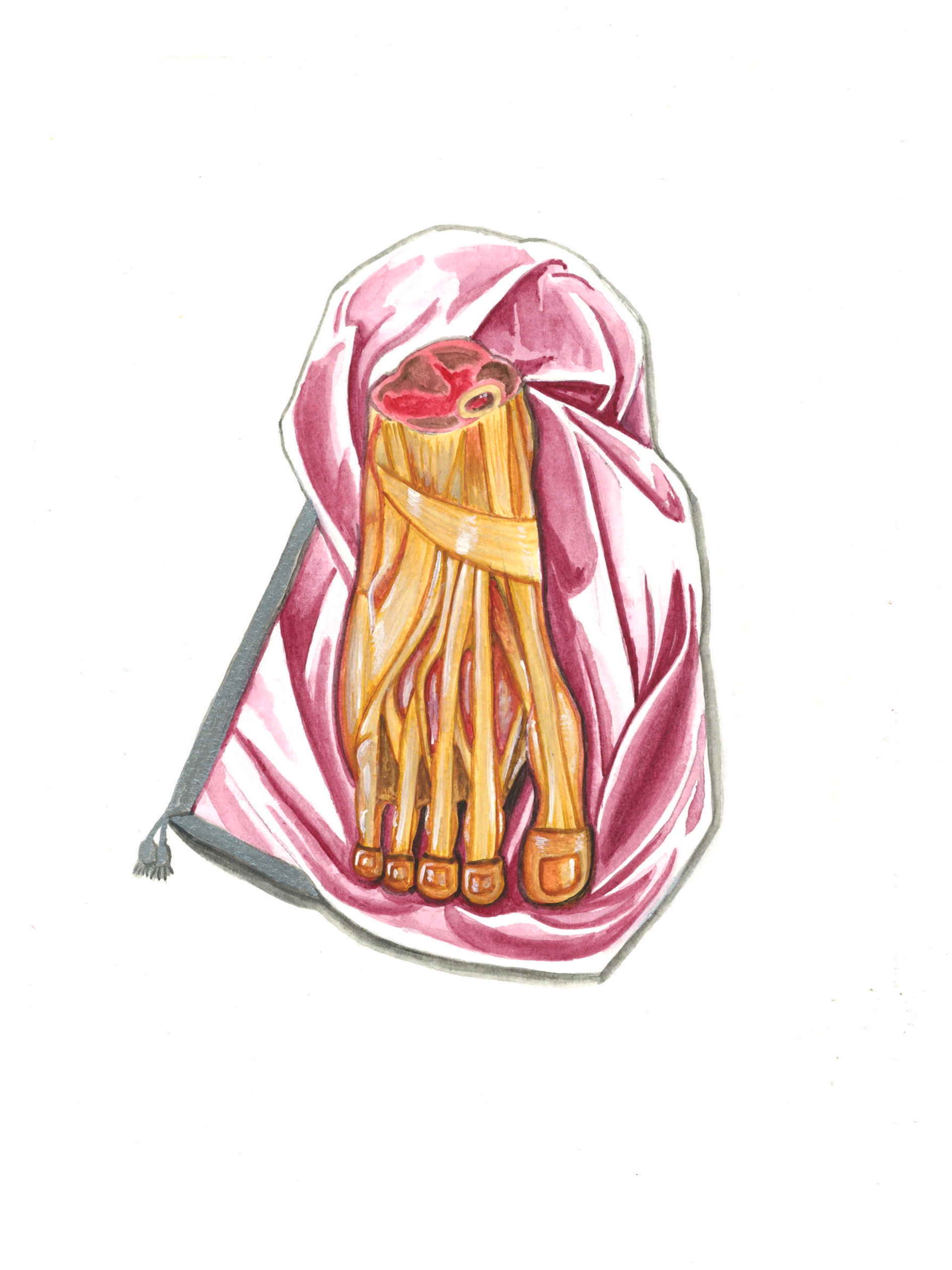 A drawing of a pair of wooden chopsticks resting on a pink cloth.
