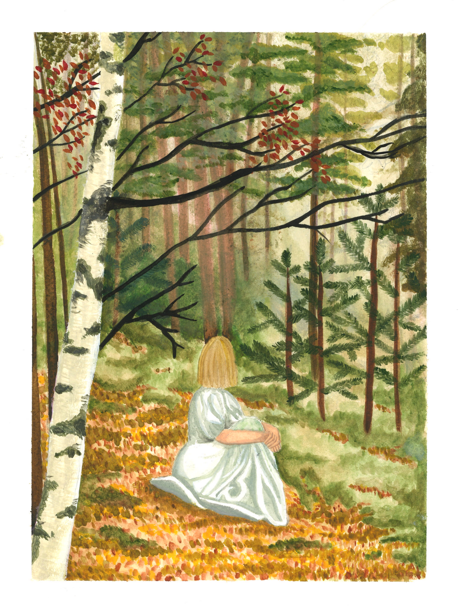 A girl in a white dress sitting on the ground in a forest, surrounded by autumn leaves, trees with green and red leaves, and tall pine trees.