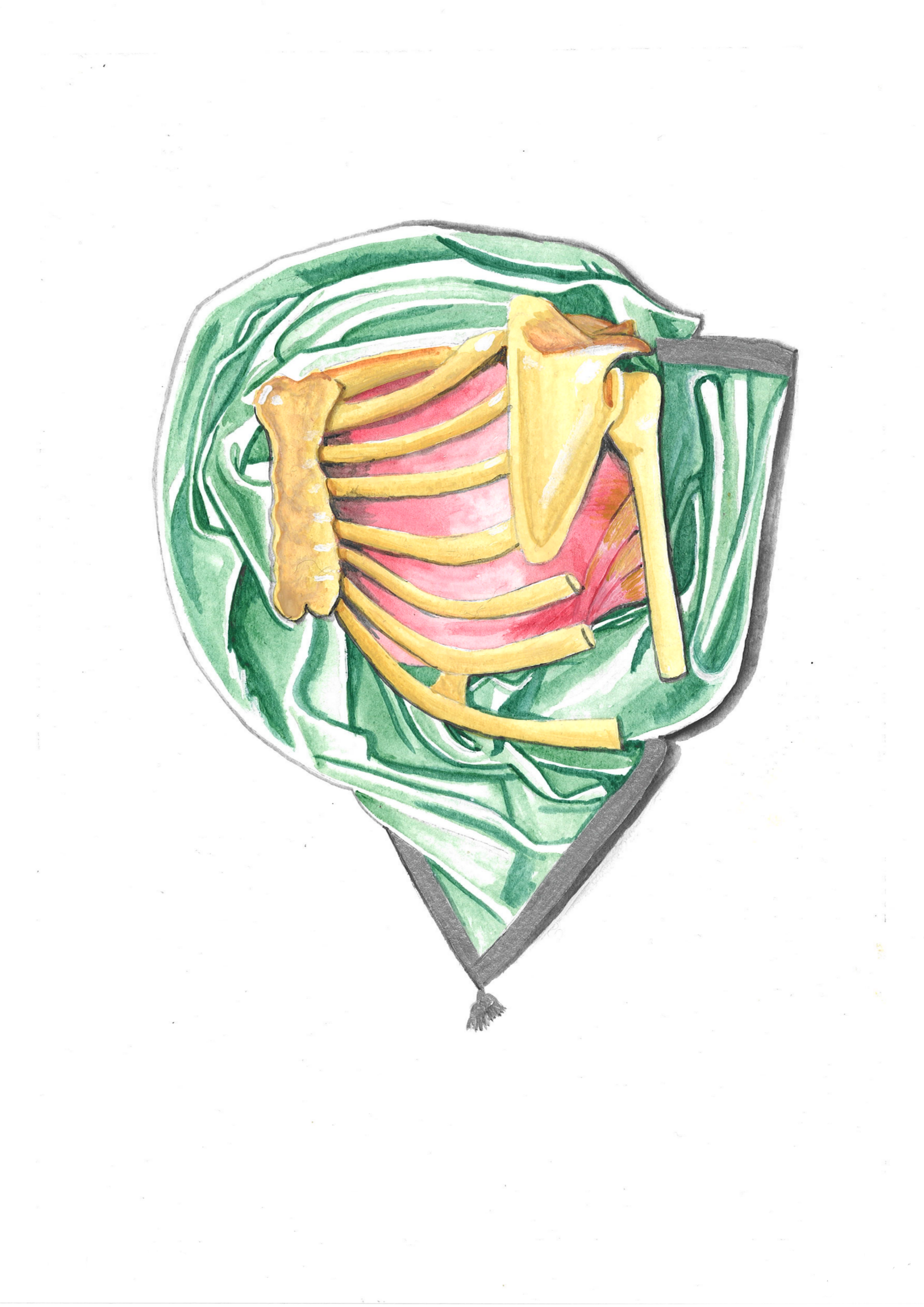 Watercolor painting of a broken skeleton on a bed of green leaves.