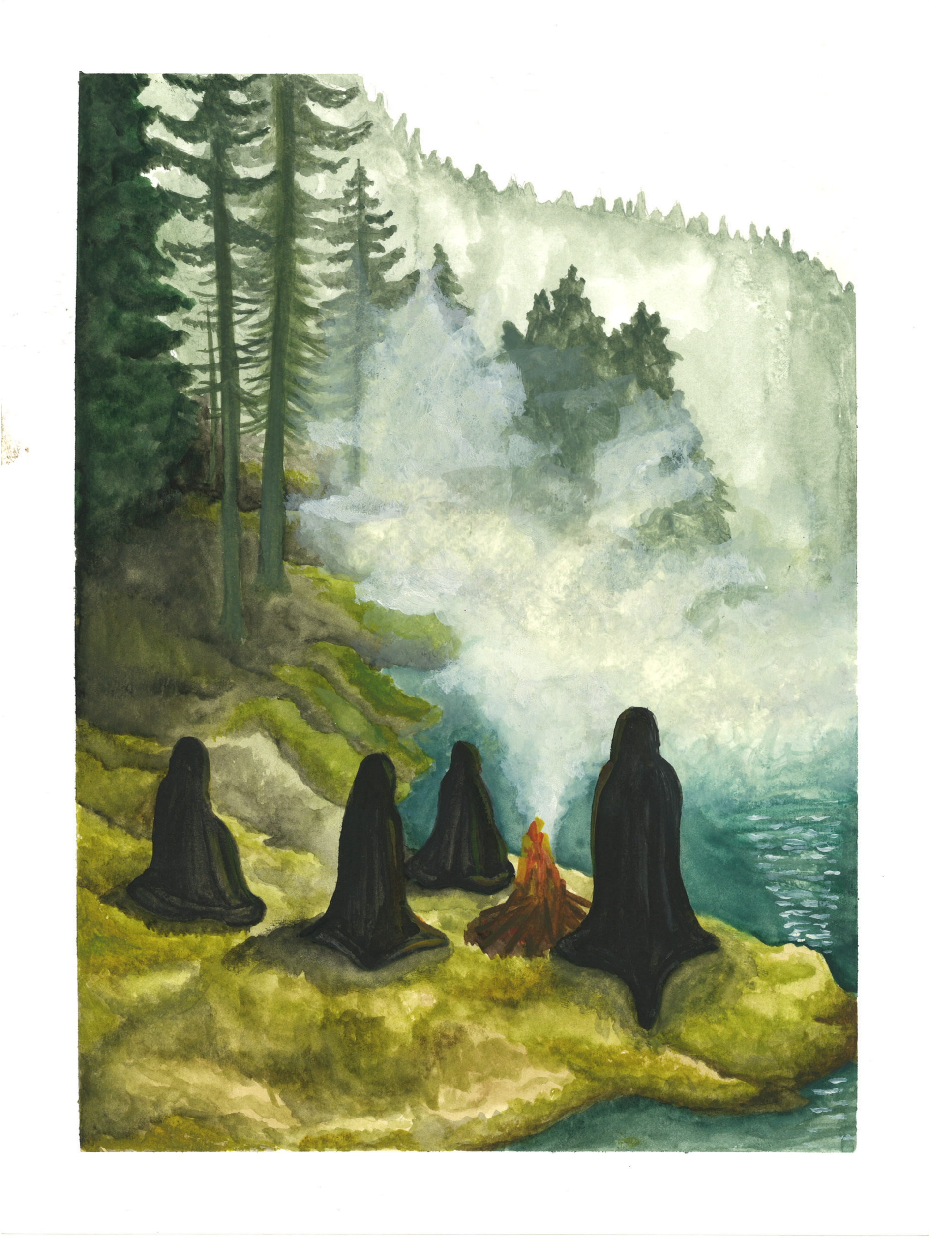 A watercolor painting of a nature scene featuring four cloaked figures sitting on a rocky cliff, watching a waterfall cascade into a river amidst lush green trees and mountains in the background.