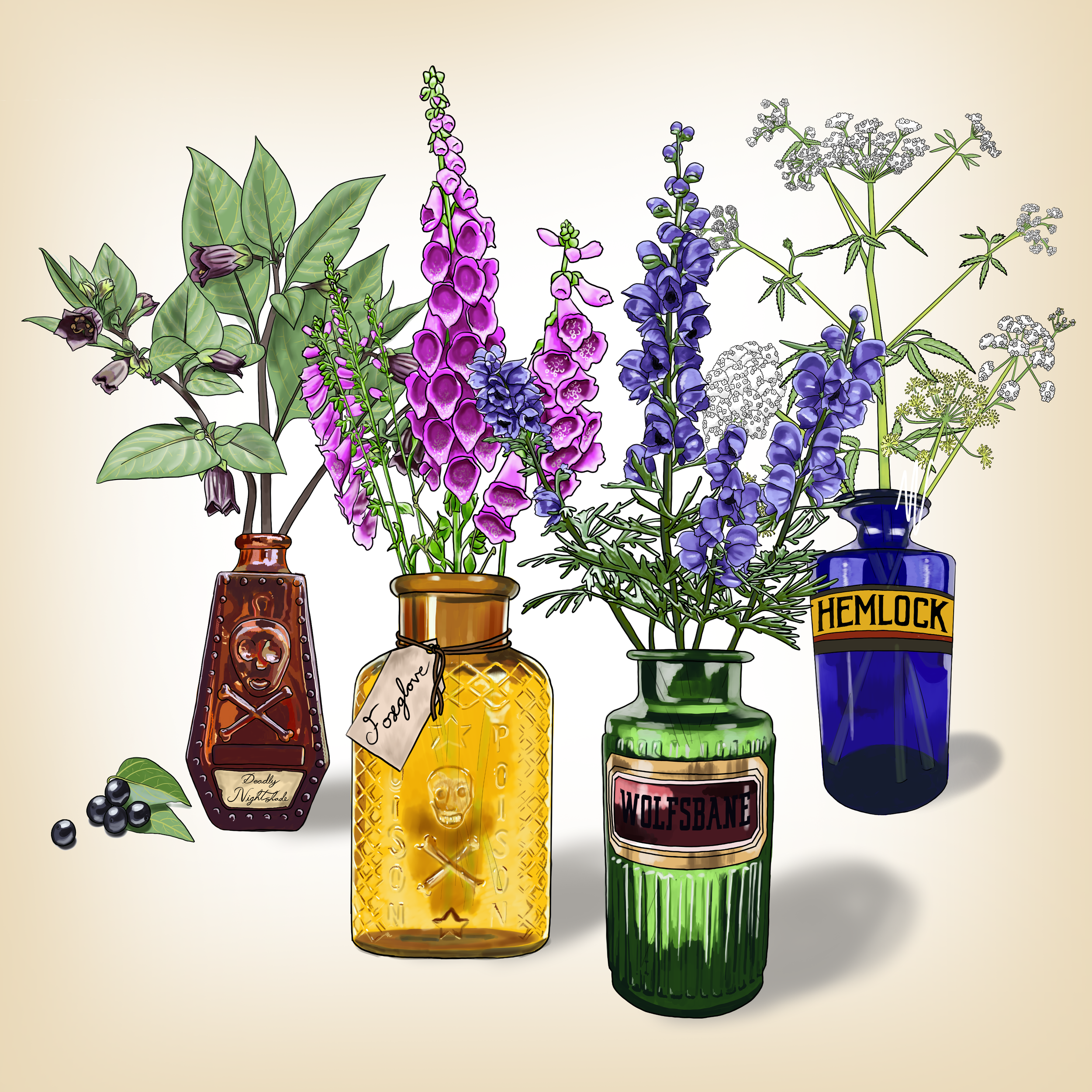 Four flower vases with purple and white flowers on a plain background.