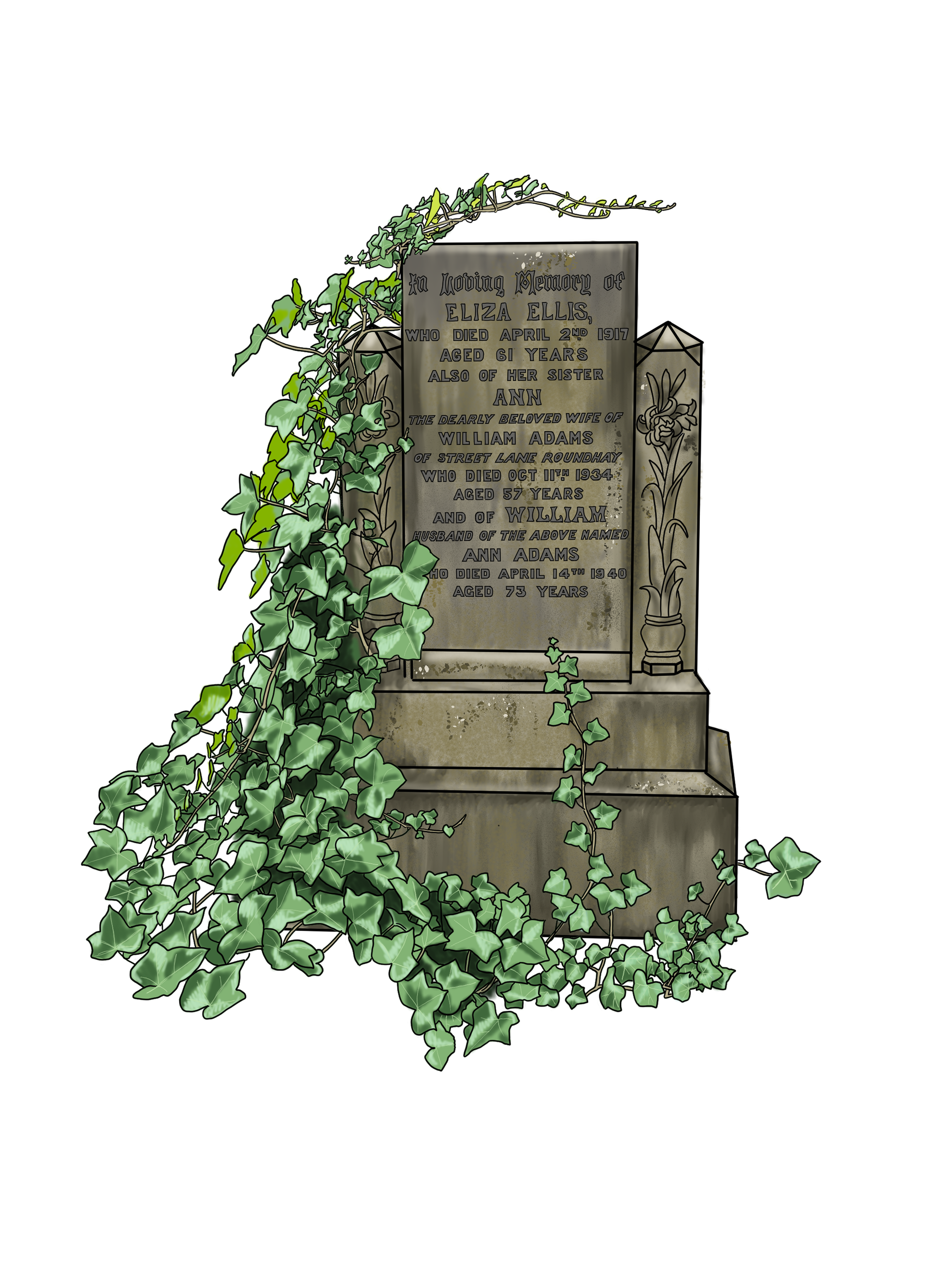 Gravestone covered with ivy. Inscription memorial for Eliza Ellis, William Adams, Ann Adams, and William Adams.
