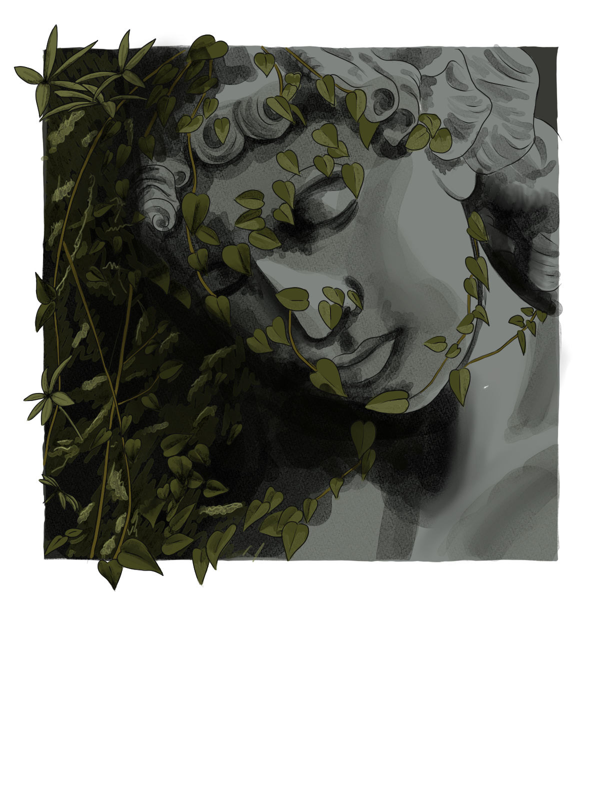 Black and white sculpture of a woman's face covered by vines and ivy leaves.