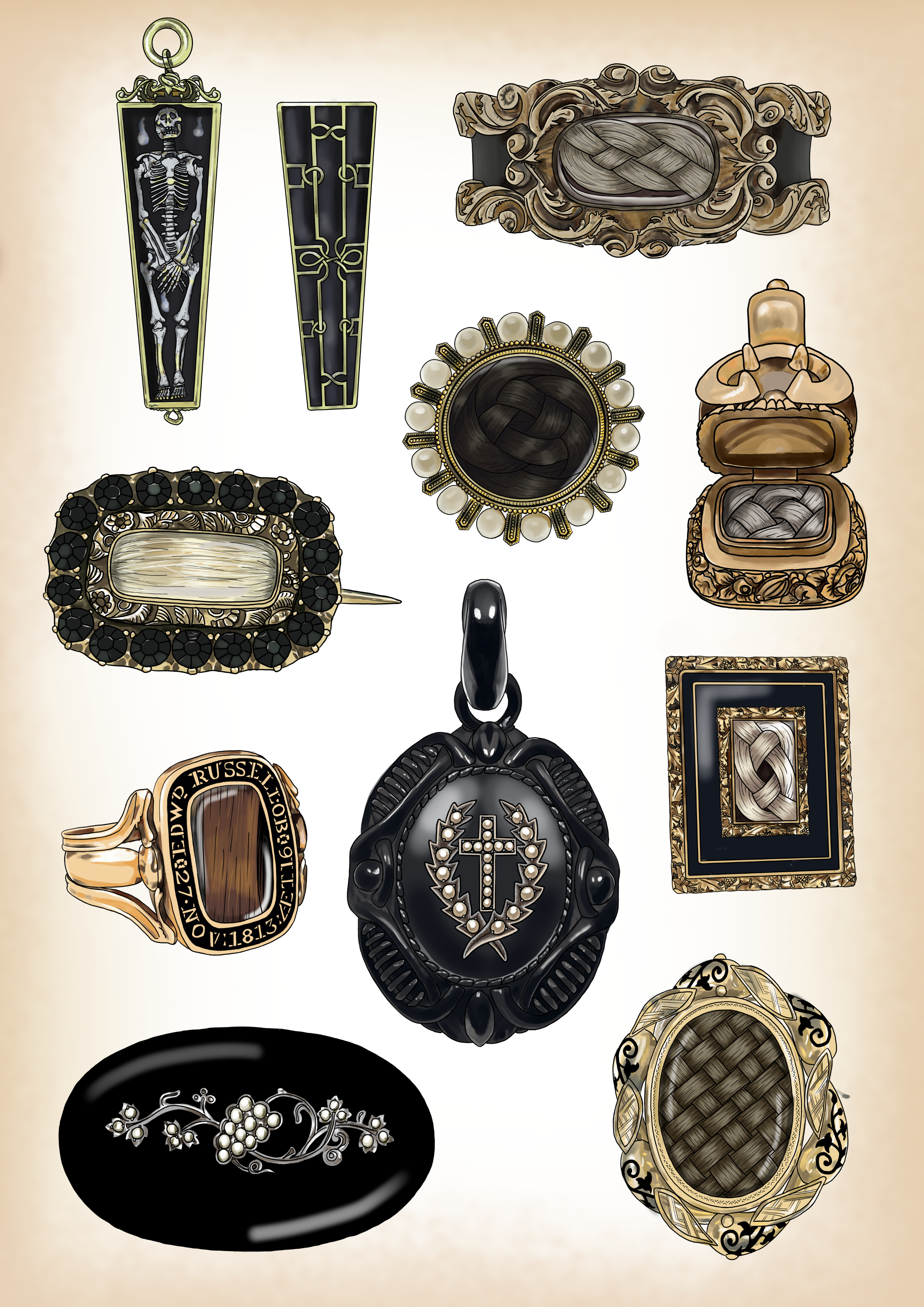 Assorted vintage brooches and pendants with intricate designs, featuring materials like pearls, metal, and woven elements.