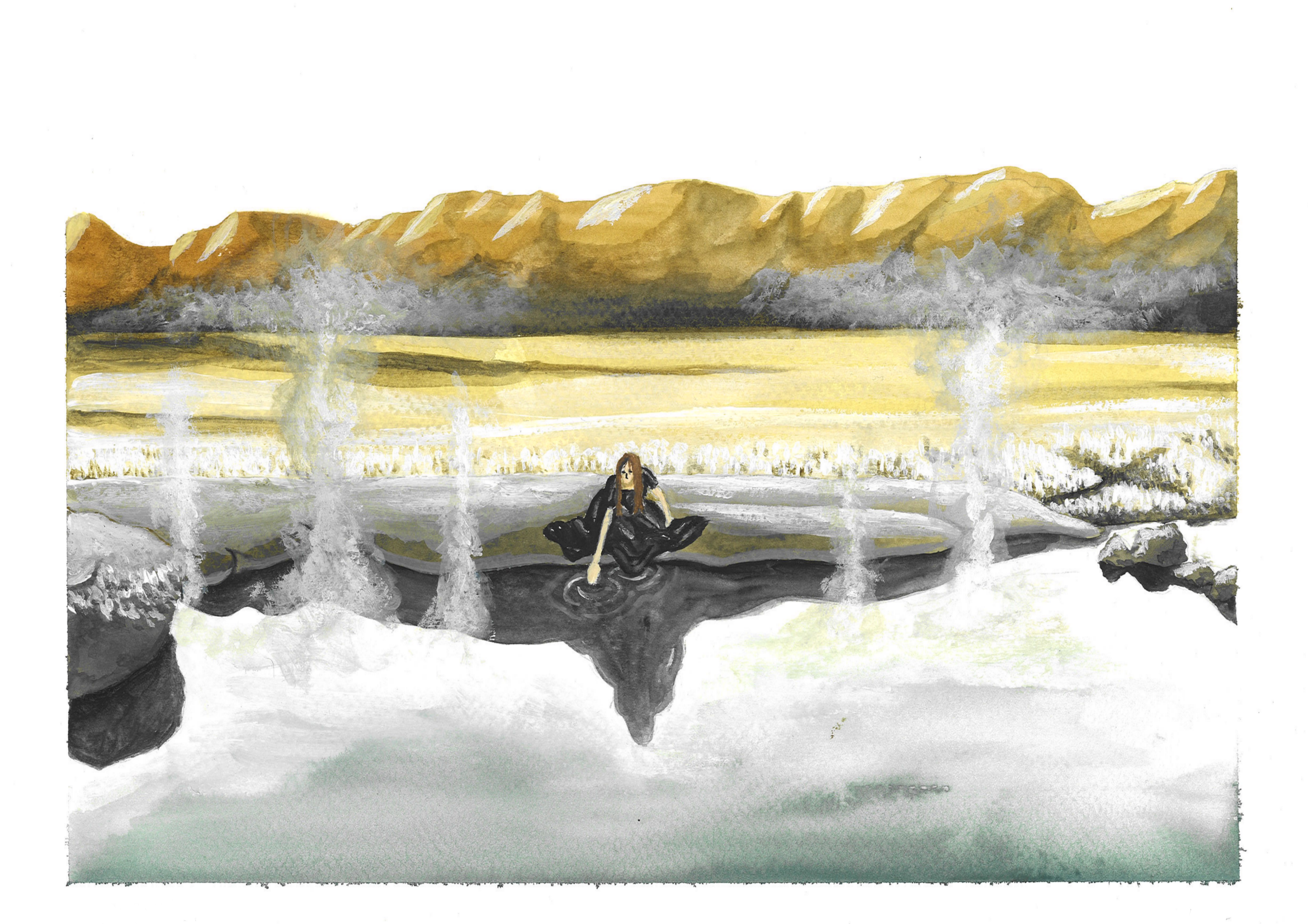 A woman sitting cross-legged in a hot spring surrounded by rocks with mountains in the background and steam rising from the water.