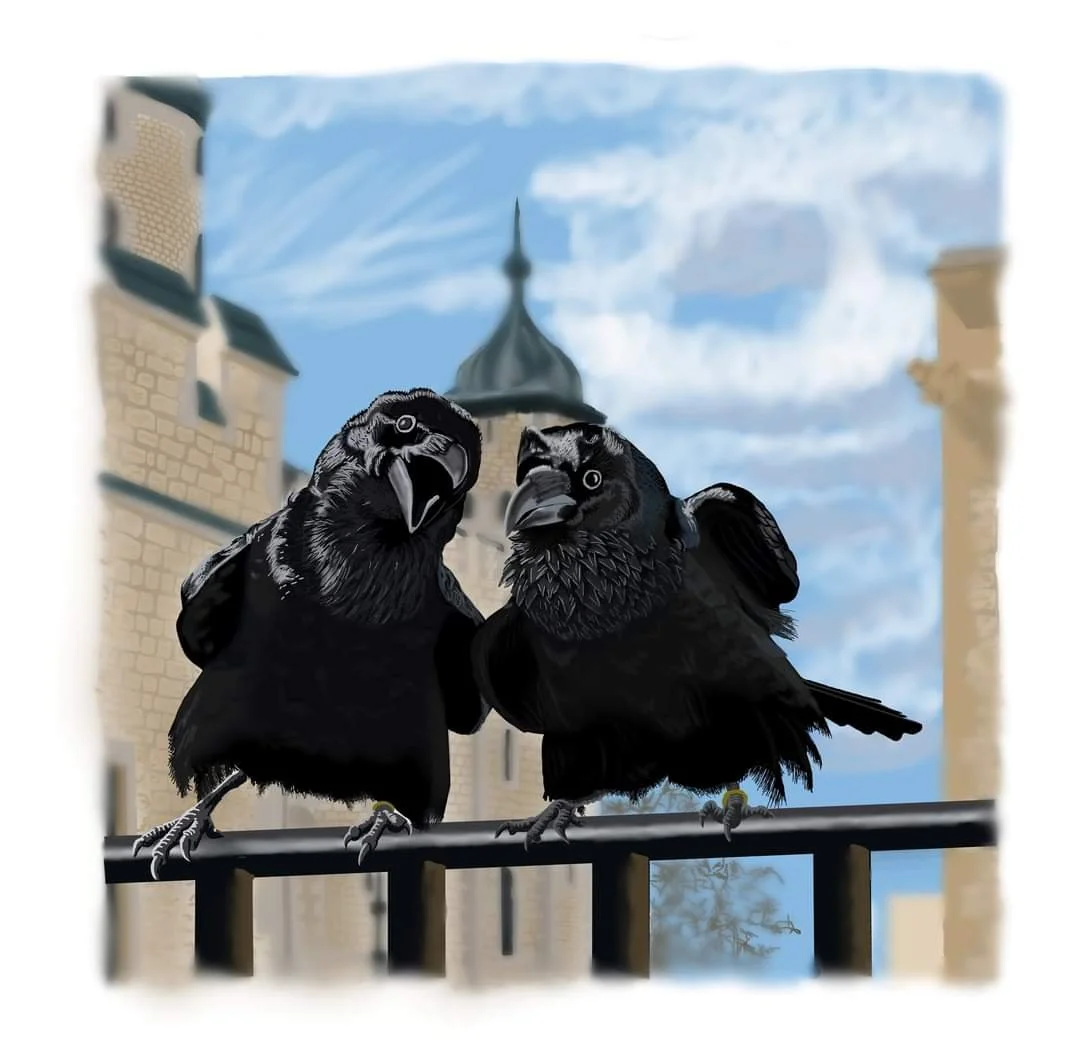 Two black ravens perched on a metal railing with a castle and blue sky in the background.