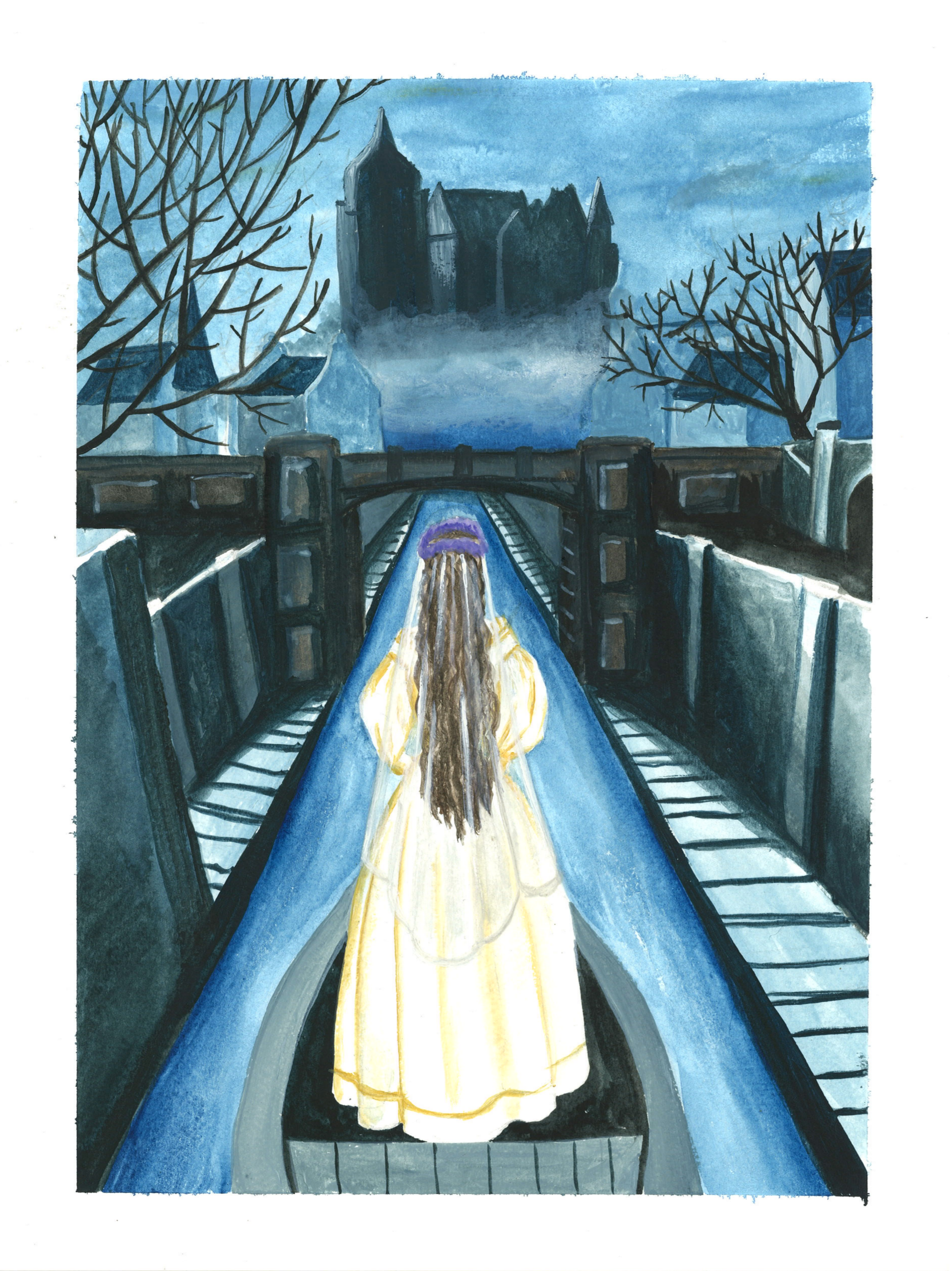 A girl with long hair wearing a yellow dress and purple hat walking on a bridge towards a dark castle in a foggy, winter landscape with leafless trees.