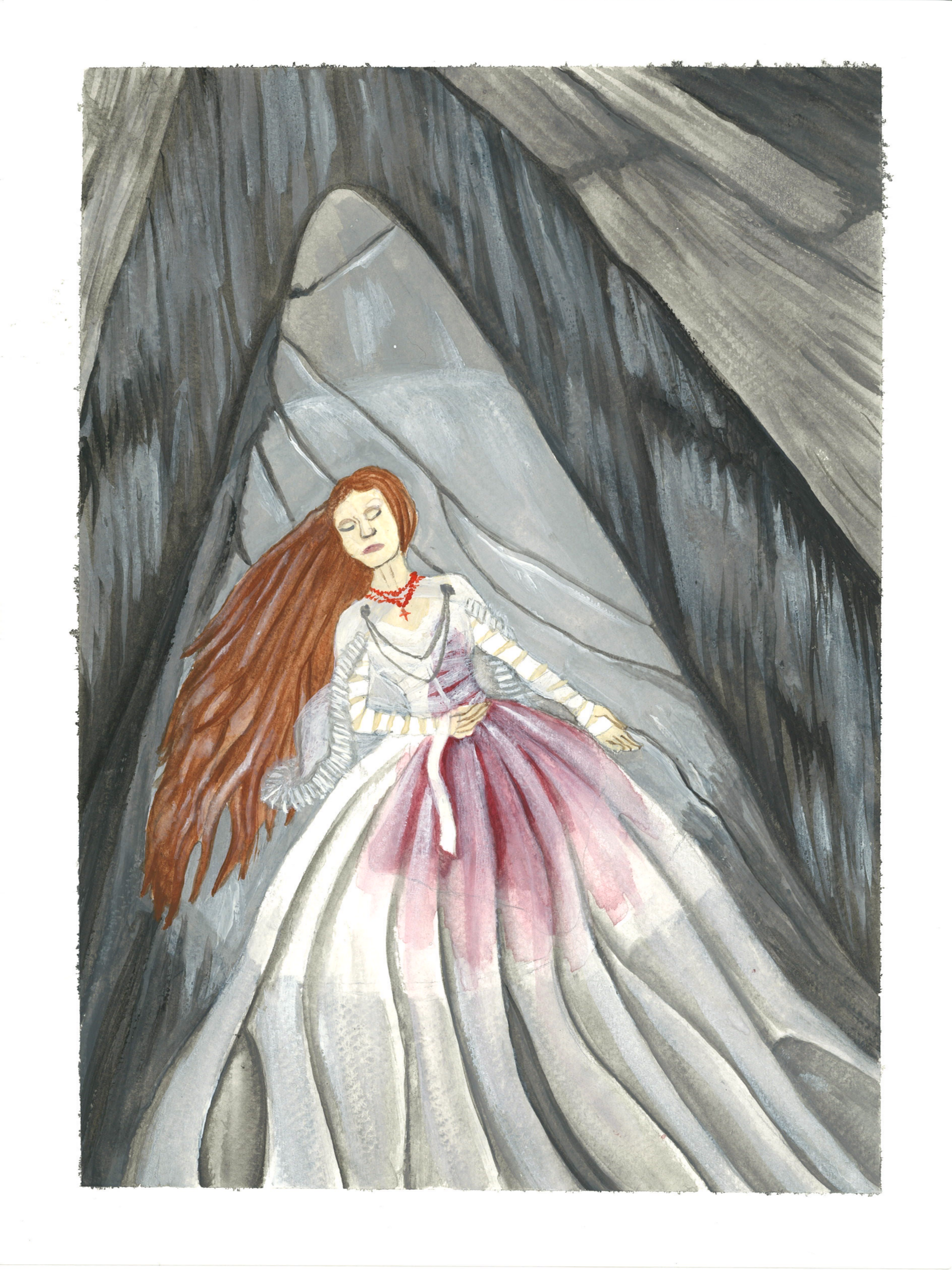 A watercolor painting of a woman with long red hair lying on a rocks surface, wearing a white and pink dress and a red necklace.